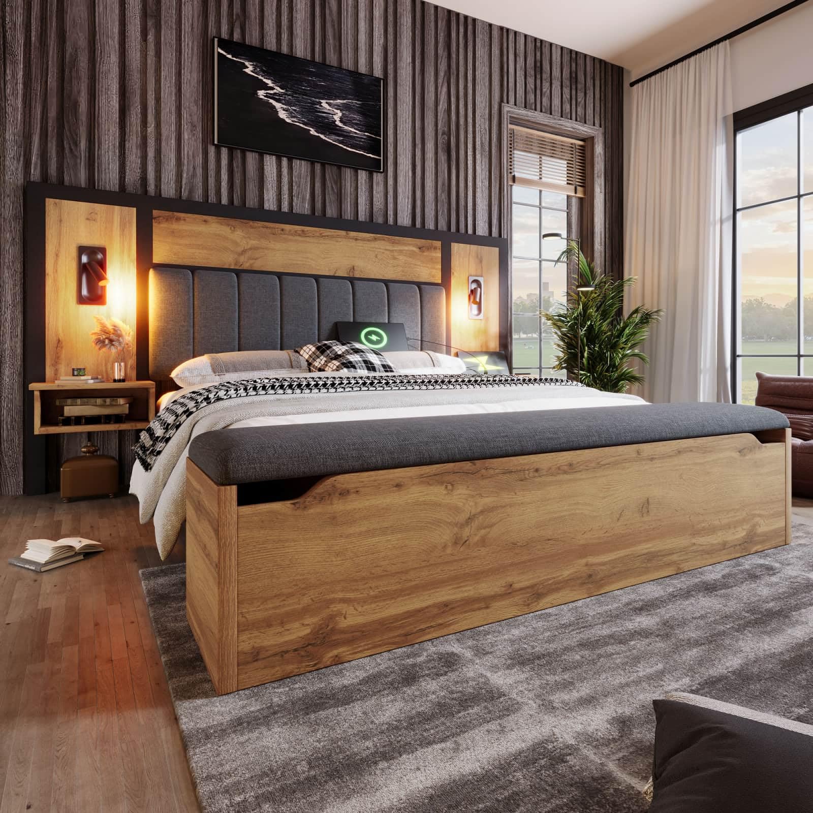 EURHCIO Lit Double 180x200cm,Lit en Bois avec Banc Rangement et 2 Tables de Chevet,Lampes de Lecture et Port USB,Sommier à Lattes Métal,sans Matelas (180x200-B)