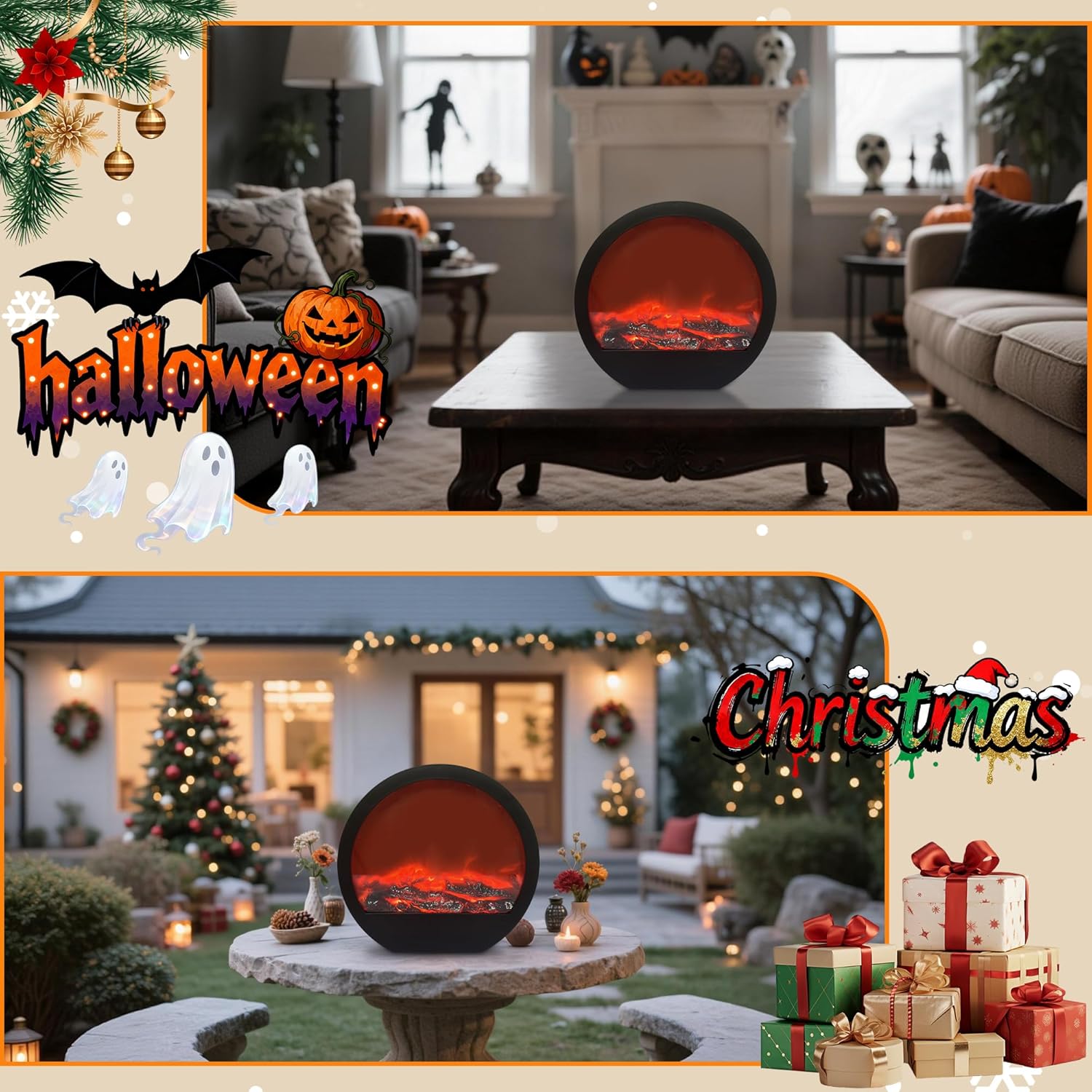 Fireplace Lanterns Decorative, Large Fake Fire Place Light with Realistic Dancing Flame Effect,USB/Battery Operated Faux Fire Lamp,Indoor Outdoor Winter Christmas Decoration (Large Semicircle)