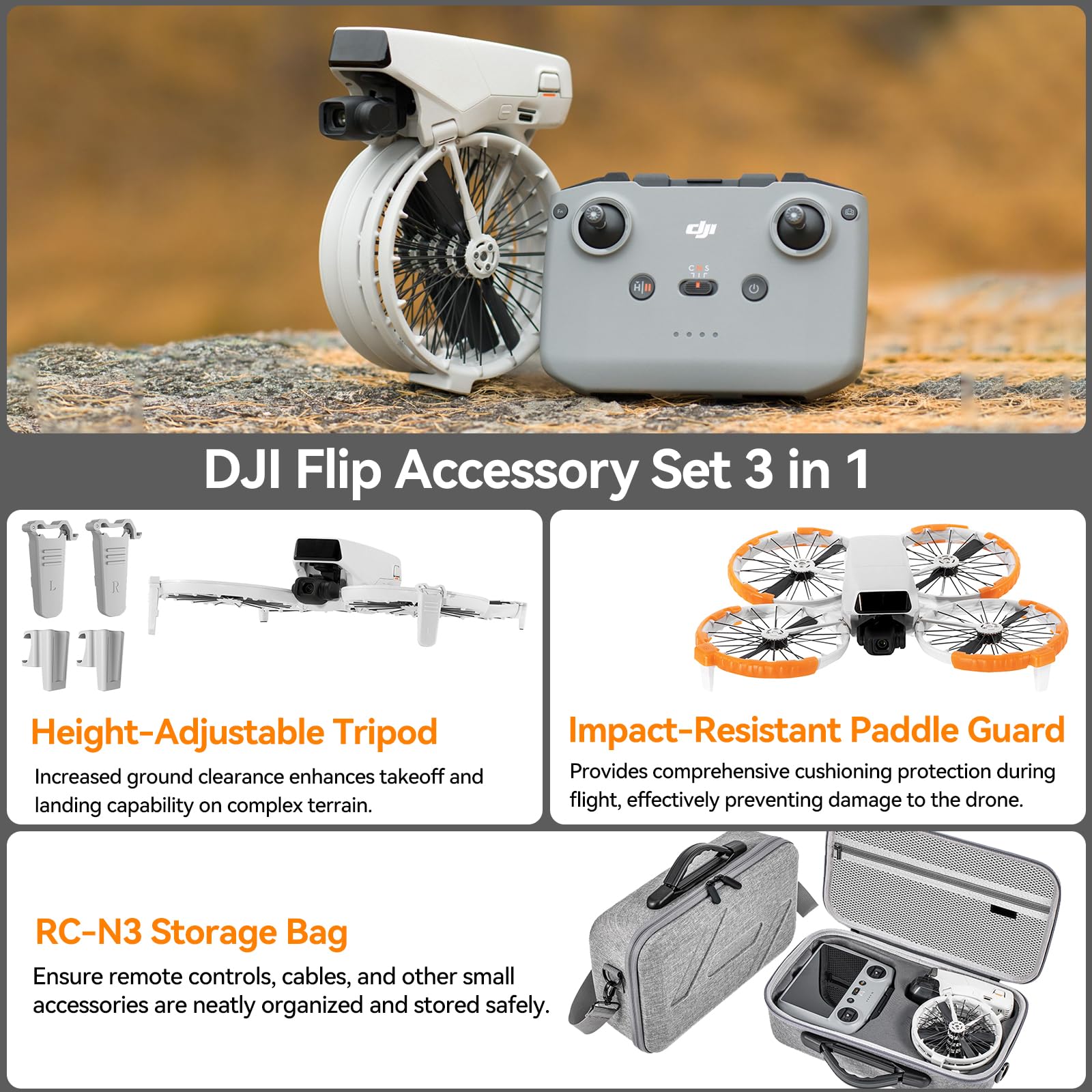 DJI Set di accessori Flip (RC-N3) – custodia, piedini di estensione dell'altezza, protezione dell'elica, set completo per la massima sicurezza