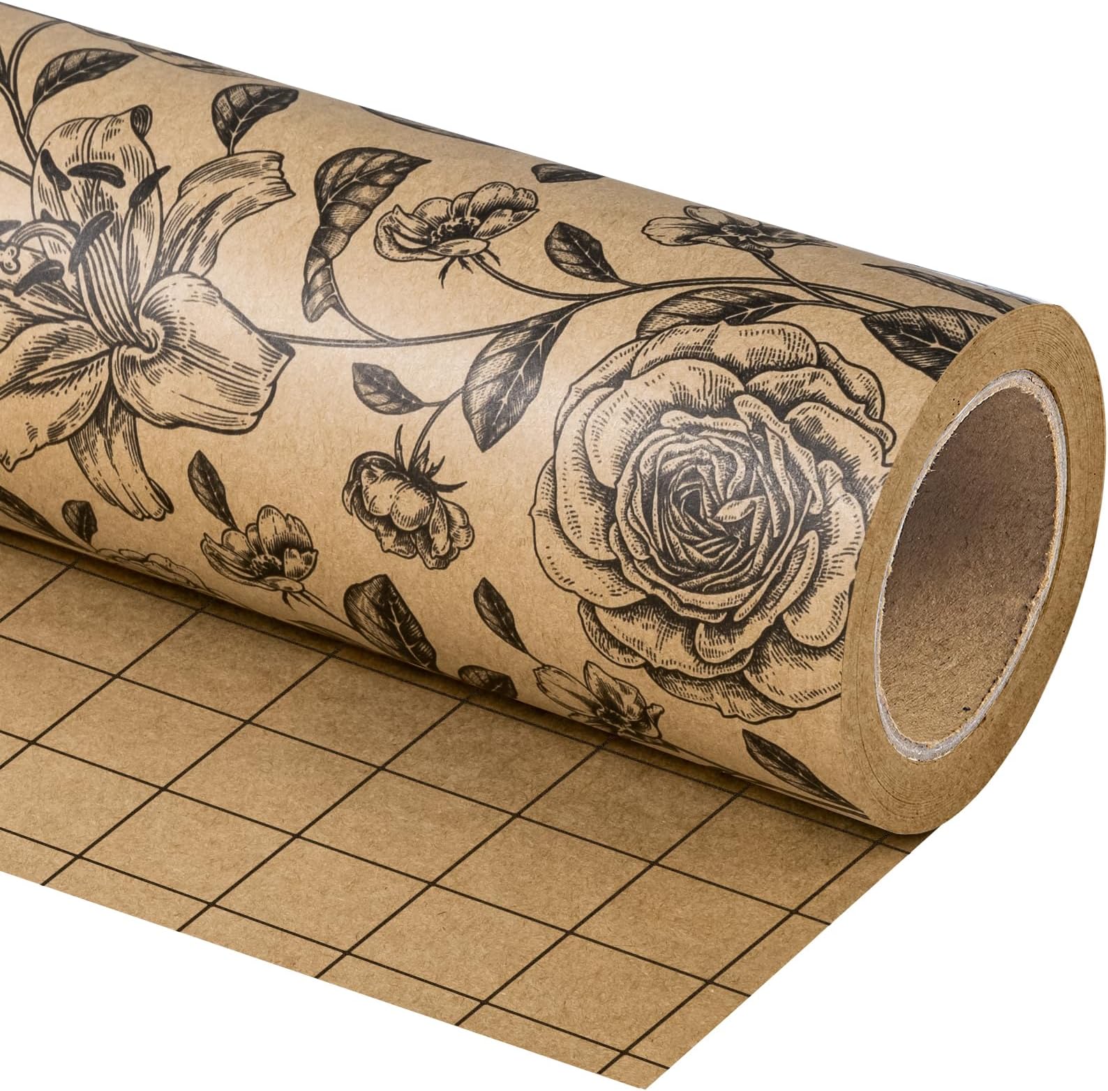 - WRAPAHOLIC Kraft Floral Wrapping Paper Roll - Mini Roll - 17 Inch x 33 Feet - Vintage Black Flower Wrapping Paper for Birthday, Bridal Shower, Wedding, Baby Shower