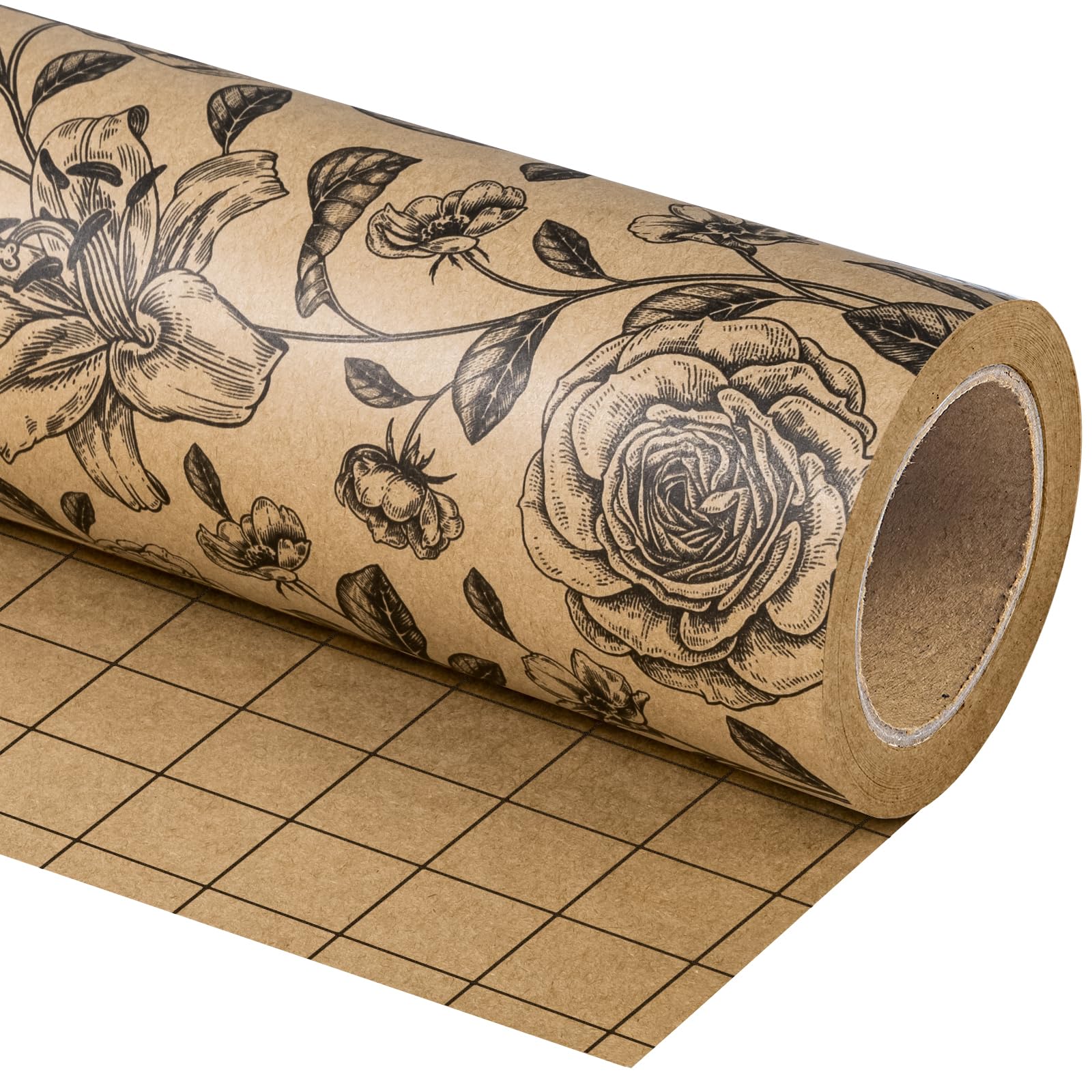 WRAPAHOLIC Kraft Floral Wrapping Paper Roll - Mini Roll - 17 Inch x 33 Feet - Vintage Black Flower Wrapping Paper for Birthday, Bridal Shower, Wedding, Baby Shower