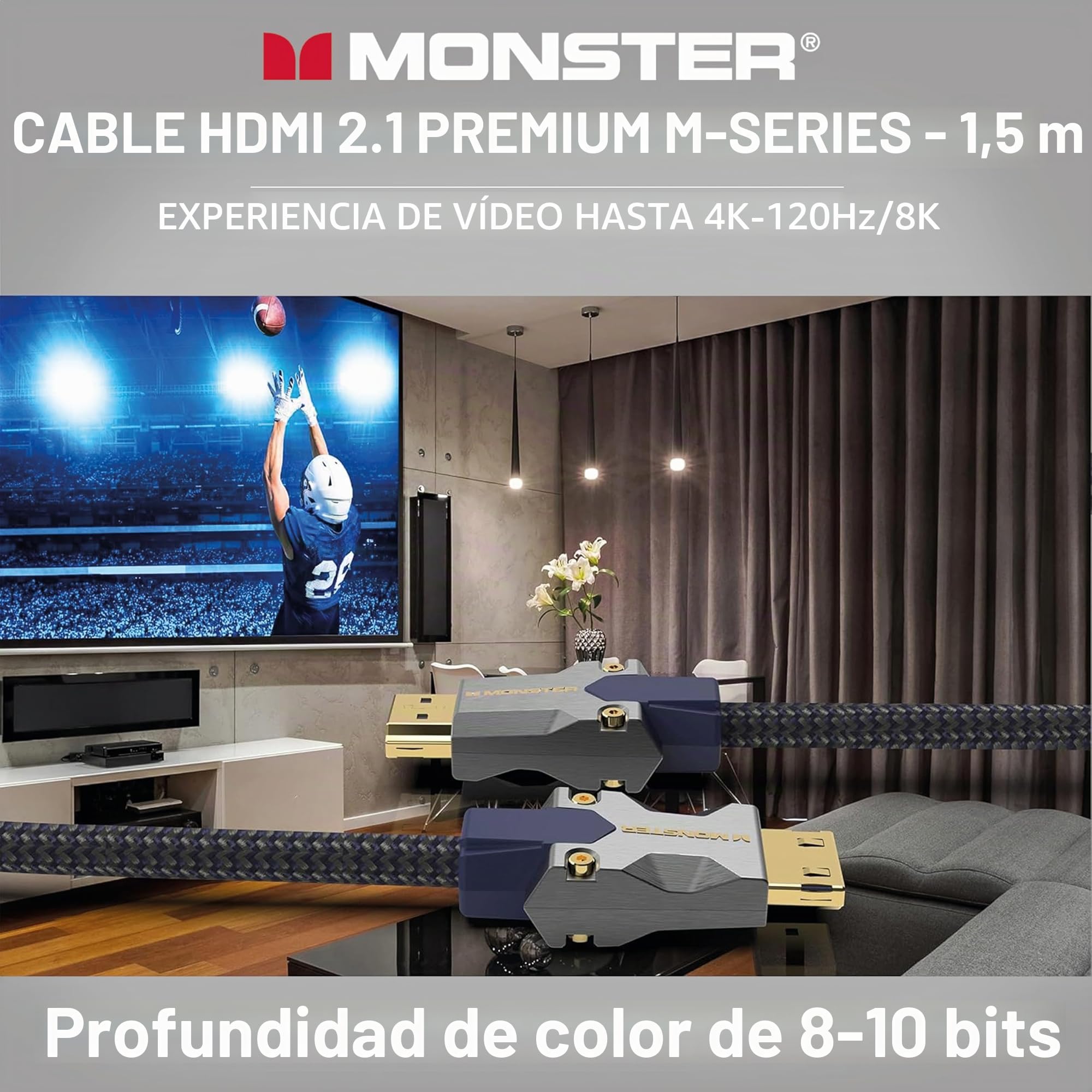 Monster - Cable HDMI de resolución 8K - Vídeo HDR - 48 GBPS - Velocidad flash - Conectores V-Grip - Triple Blindaje - 1,5 metros - Garantizado de por vida - Negro