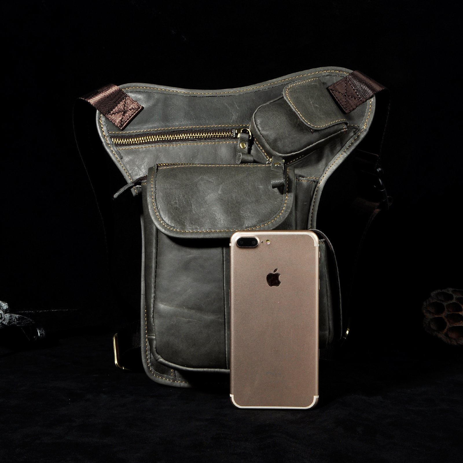 Le'aokuu Herren Echtes Leder Tasche Beinbeutel Beintasche Außenbeintasche Hüfttasche Drop Leg Thigh Bag Motorrad Tactical Messenger Bag 3106