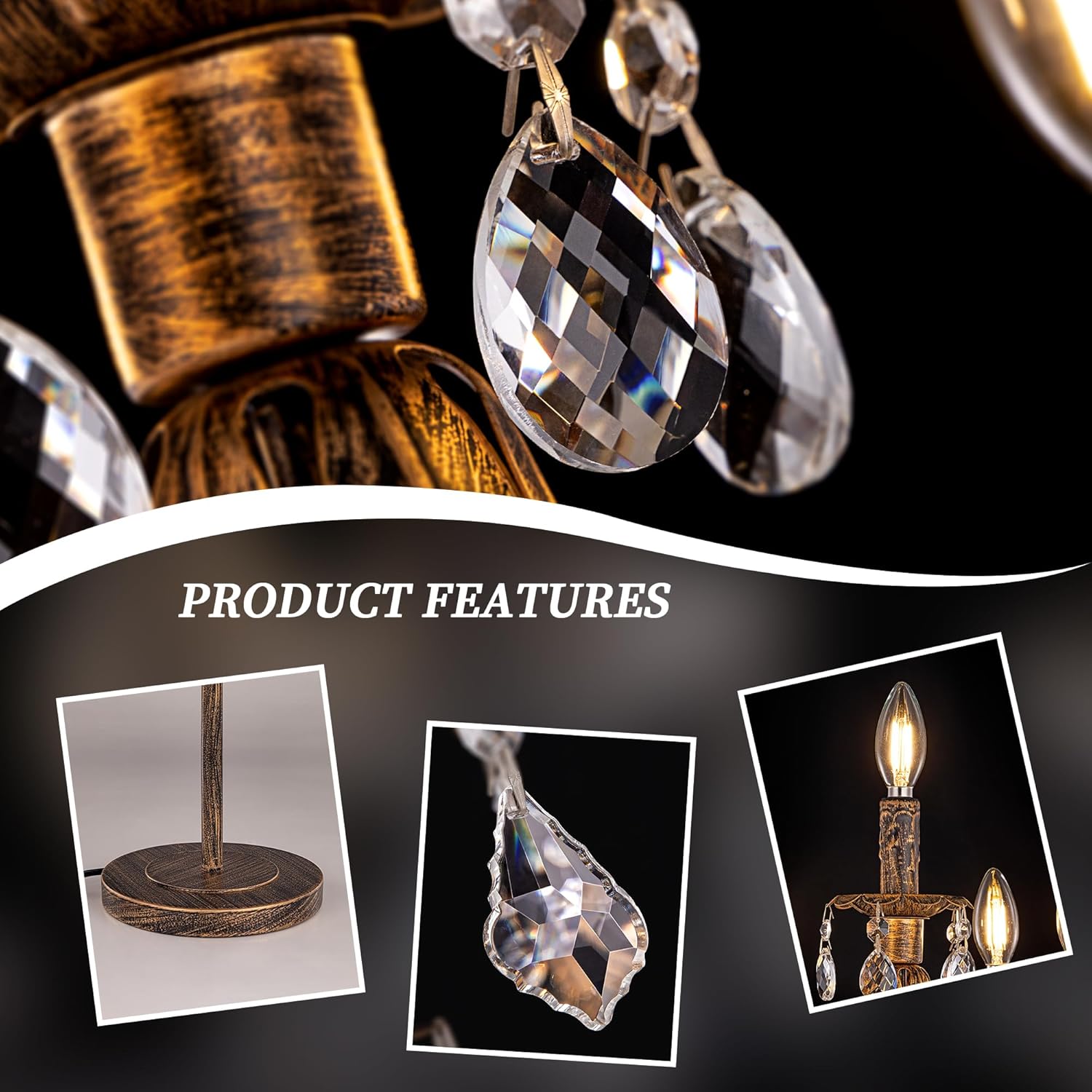 Wellmet Bronze Crystal Table Lamp, Vintage Bedside Lamps for Nightstand, 5 Lights Modern Living Room Table Lamp, Desk Reading Lamp with Touch Switch for Bedroom, Home Office, Kids Room (E12 Base)