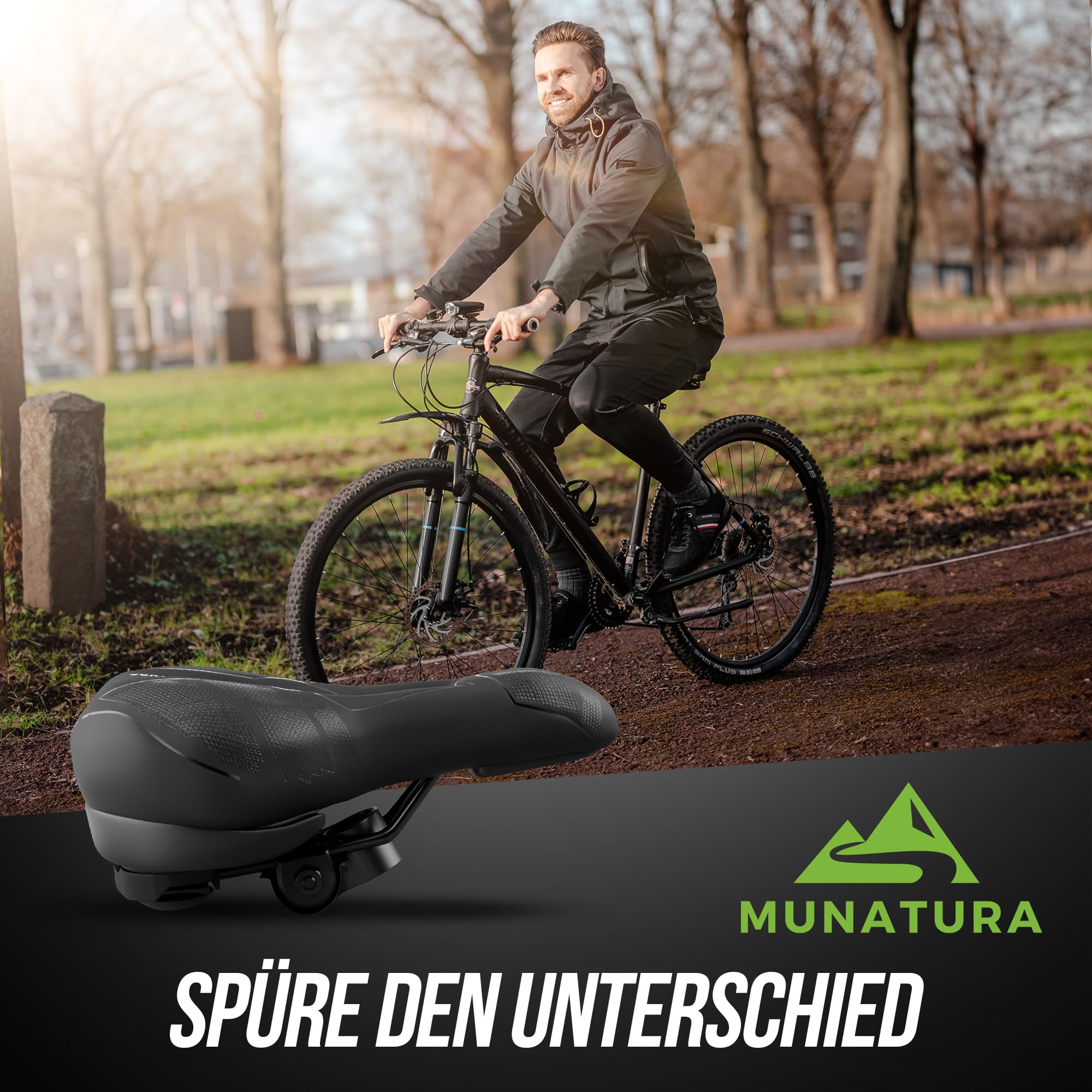 MUNATURA Premium Fahrradsattel – Extra Bequem & Ergonomisch – Mit Memory Foam & Federung, Wasserdicht & Stoßdämpfend – Perfekter Sattel für Herren & Damen, E-Bike & Citybike