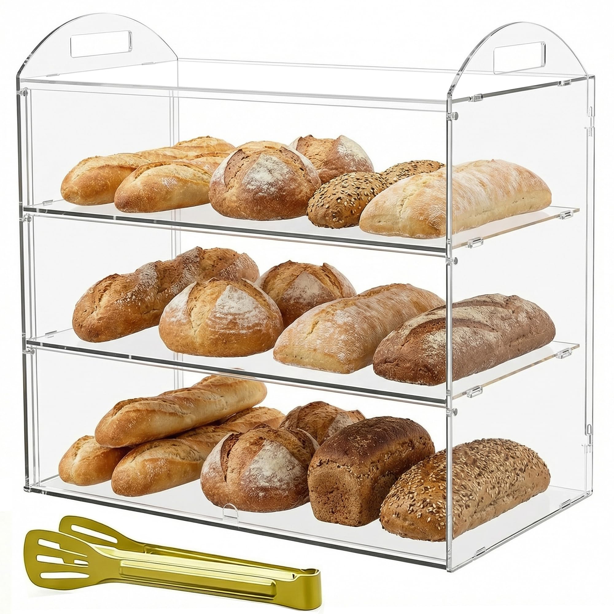 Vetrina commerciale a 3 livelli con manico, 49,5 x 38 x 26 cm, vetrina per pasticceria da banco per pane, dessert, biscotti