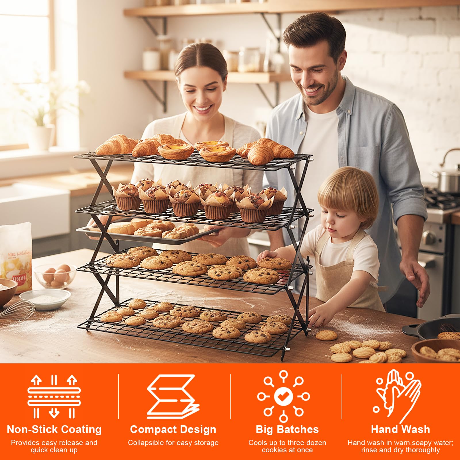 Grille de Refroidissement Pâtisserie Pliable 4 Niveaux Antiadhésif 43 x 24,5 cm