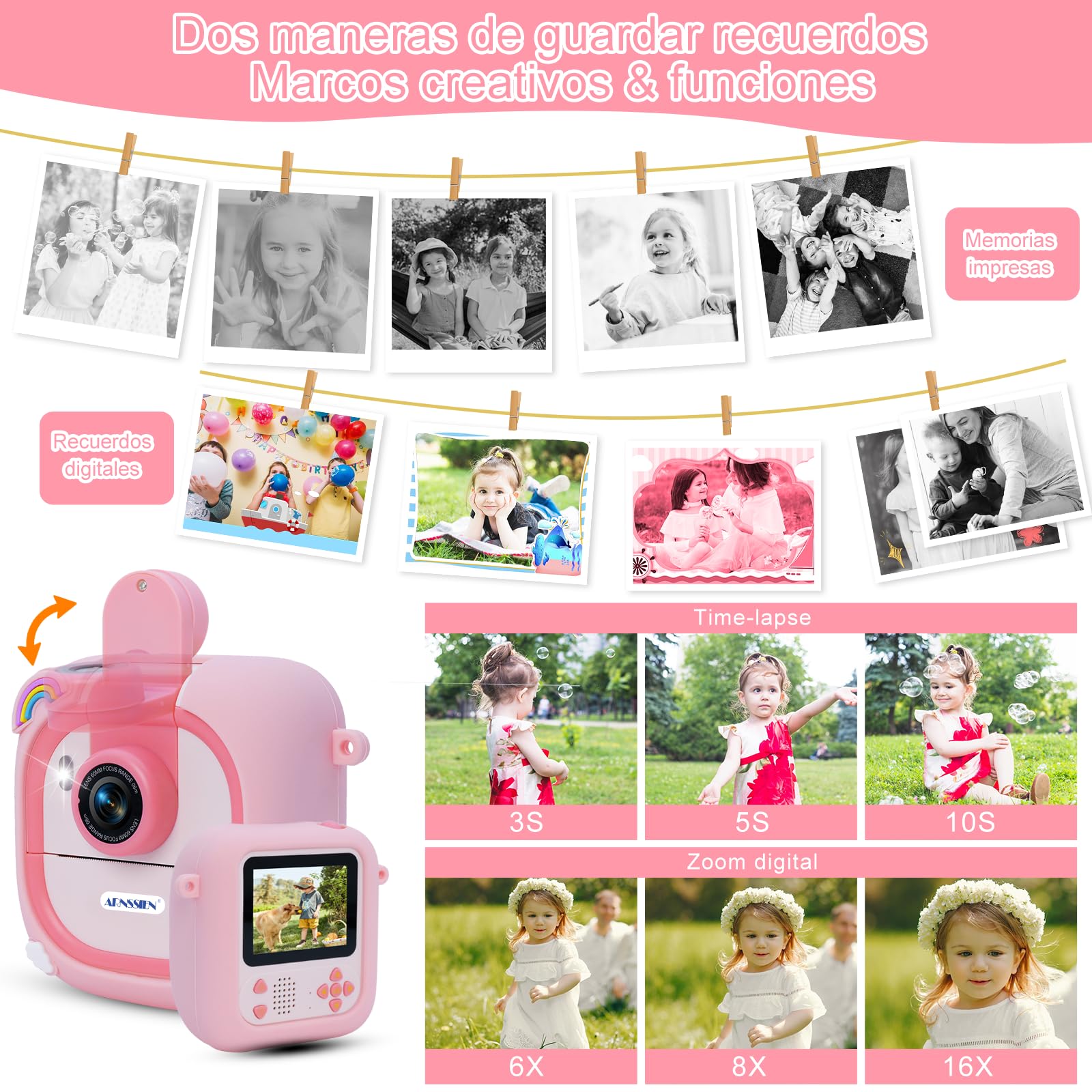 ARNSSIEN Camara Fotos Infantil Instantanea,2.4" Camara Fotos Infantil con 1080P & 180° Lente & 8 GB, Regalo Navidad/Cumpleaños para Niños & Niñas, M2