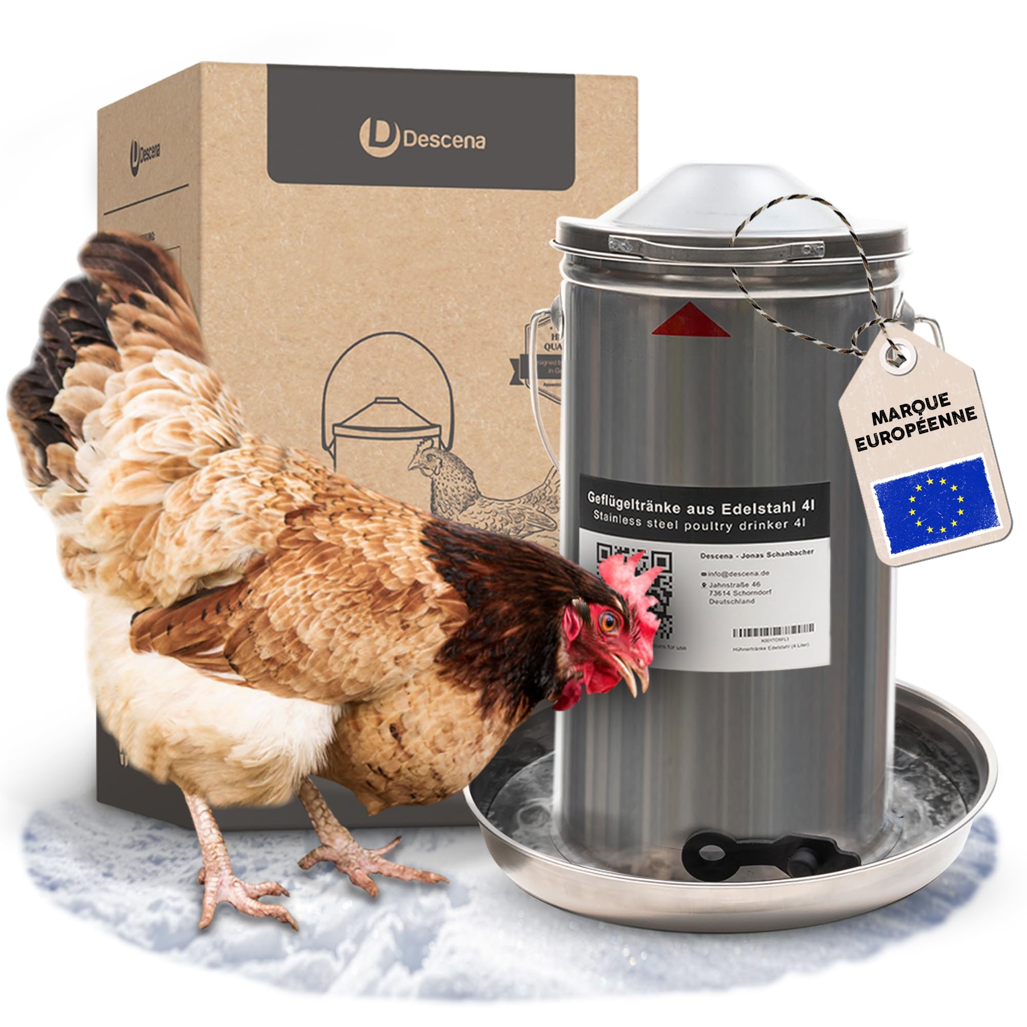Descena Abreuvoir Poules 4L INOX – Remplissage par Le Haut | Acier inoxydable 304 (V2A), régulation automatique de l'eau, compatible lave-vaisselle et chauffe-abreuvoirs