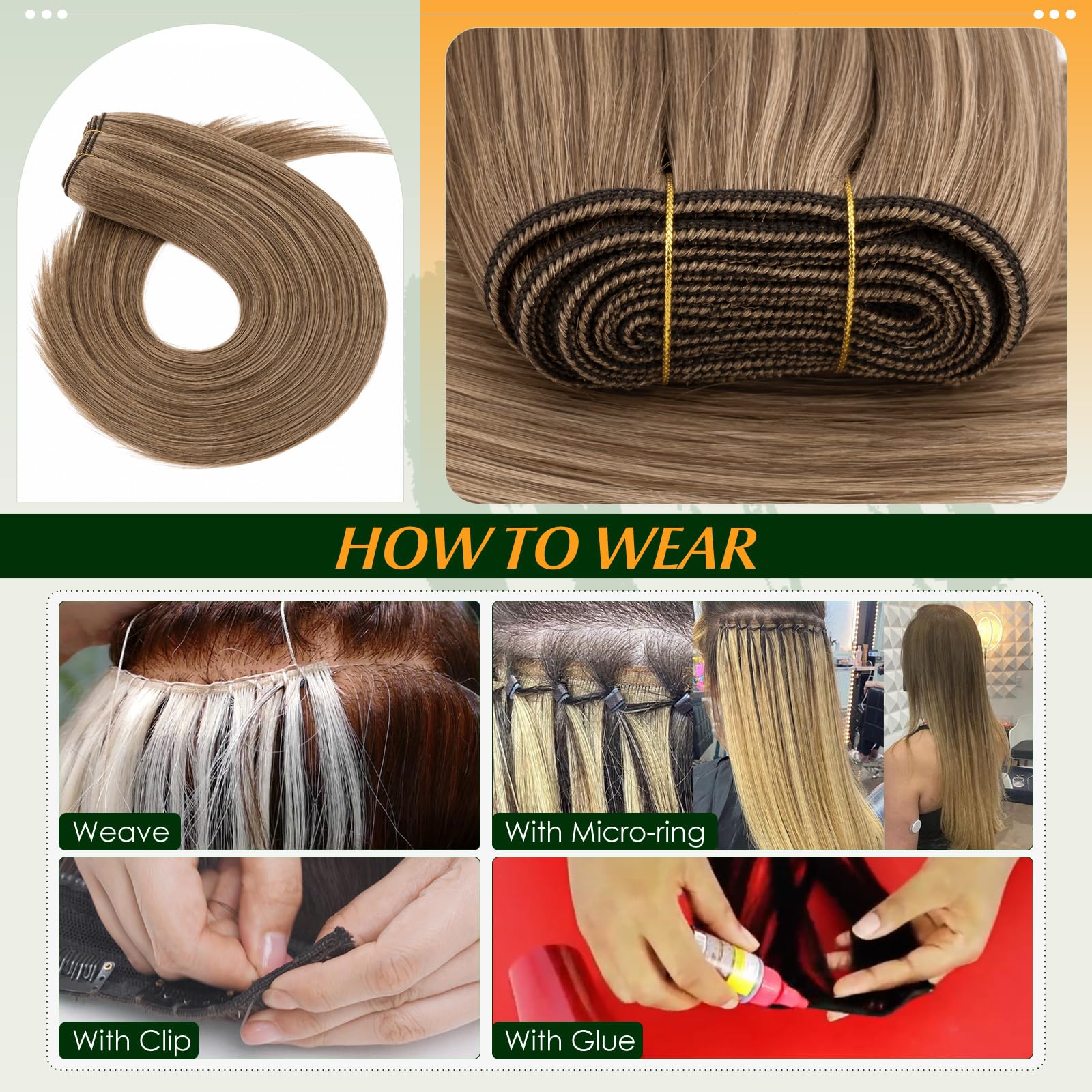 Elailite Haartressen Echthaar Sew in Bündel Hair Extensions Tressen Haarverlängerungen Brasilianisches Glatt 100g 70cm #4P27 Mittel Braun/Honigblond