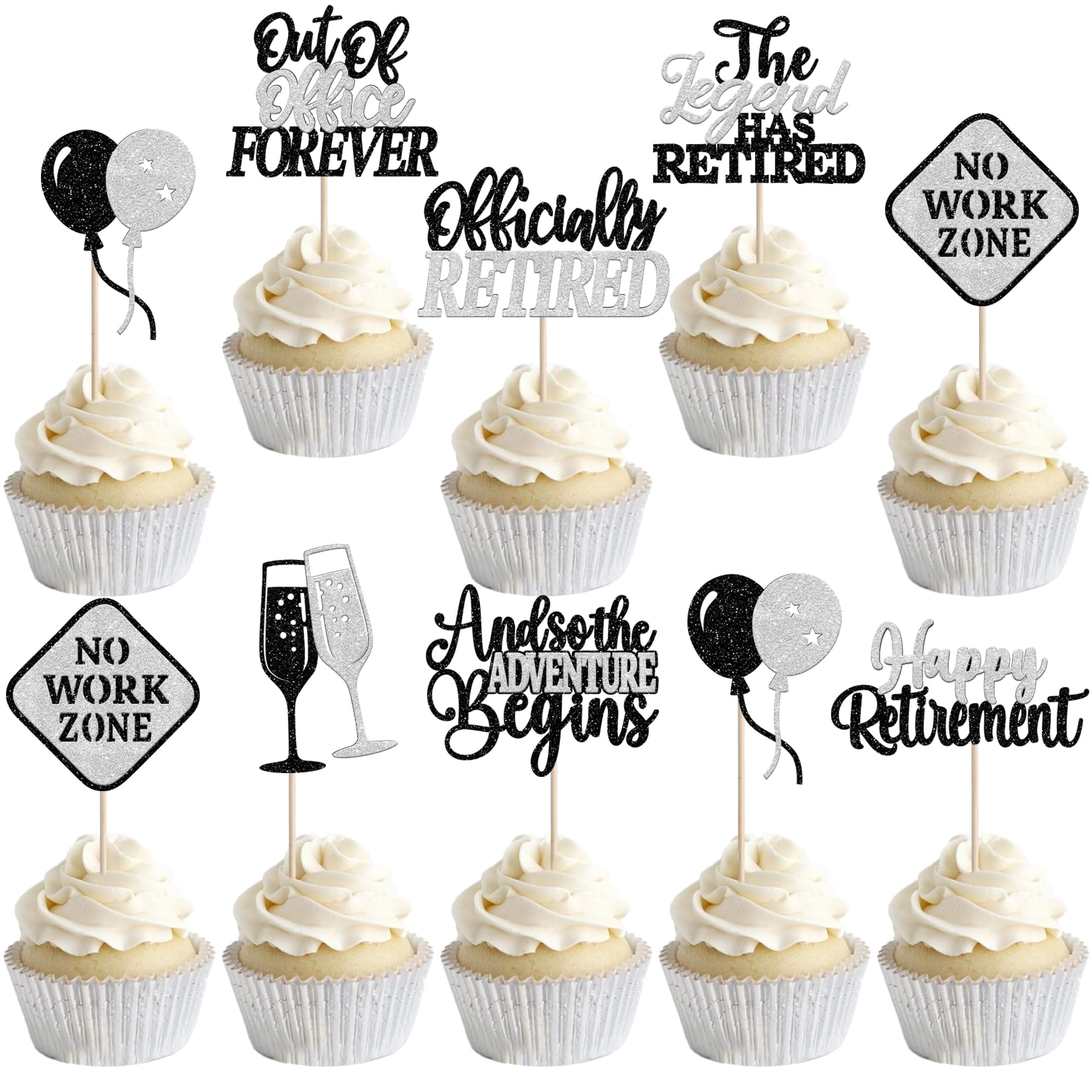 24 Pack Happy Retirement Cupcake Toppers Out Of Office Forever No Work Zone Cupcake Picks The Lagend Has Retired Cupcake Decorations for Officially Retired Party Cake Decorations Black Silver