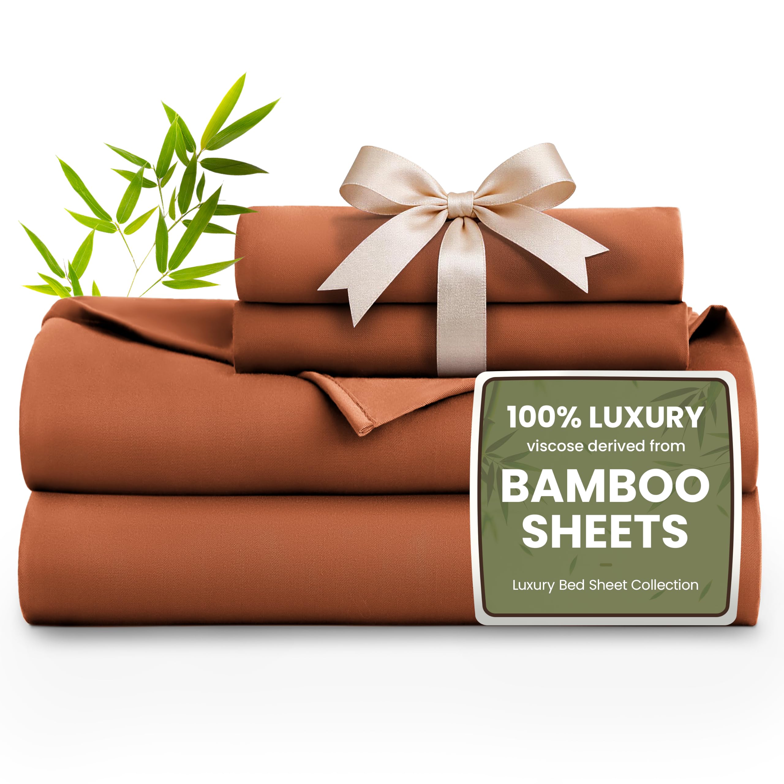Love's cabin 4 Piece King Size Sheet Set, 100% Rayon Derived from Bamboo, Cooling &amp; Breathable, Soft Silky Deep Pocket up to 16", Hotel Luxury Bedding for Hot Sleepers, Burnt Orange