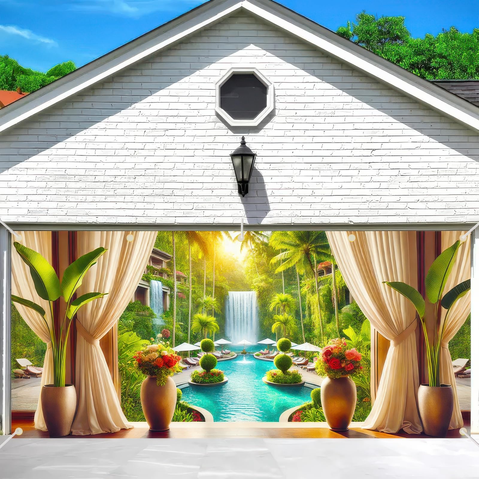 BlissYard 13x6ft Summer Garage Door Banner Tropical Pool Waterfall Scene Decor Spring Summer Garage Door Cover Background for Pool Party Indoor