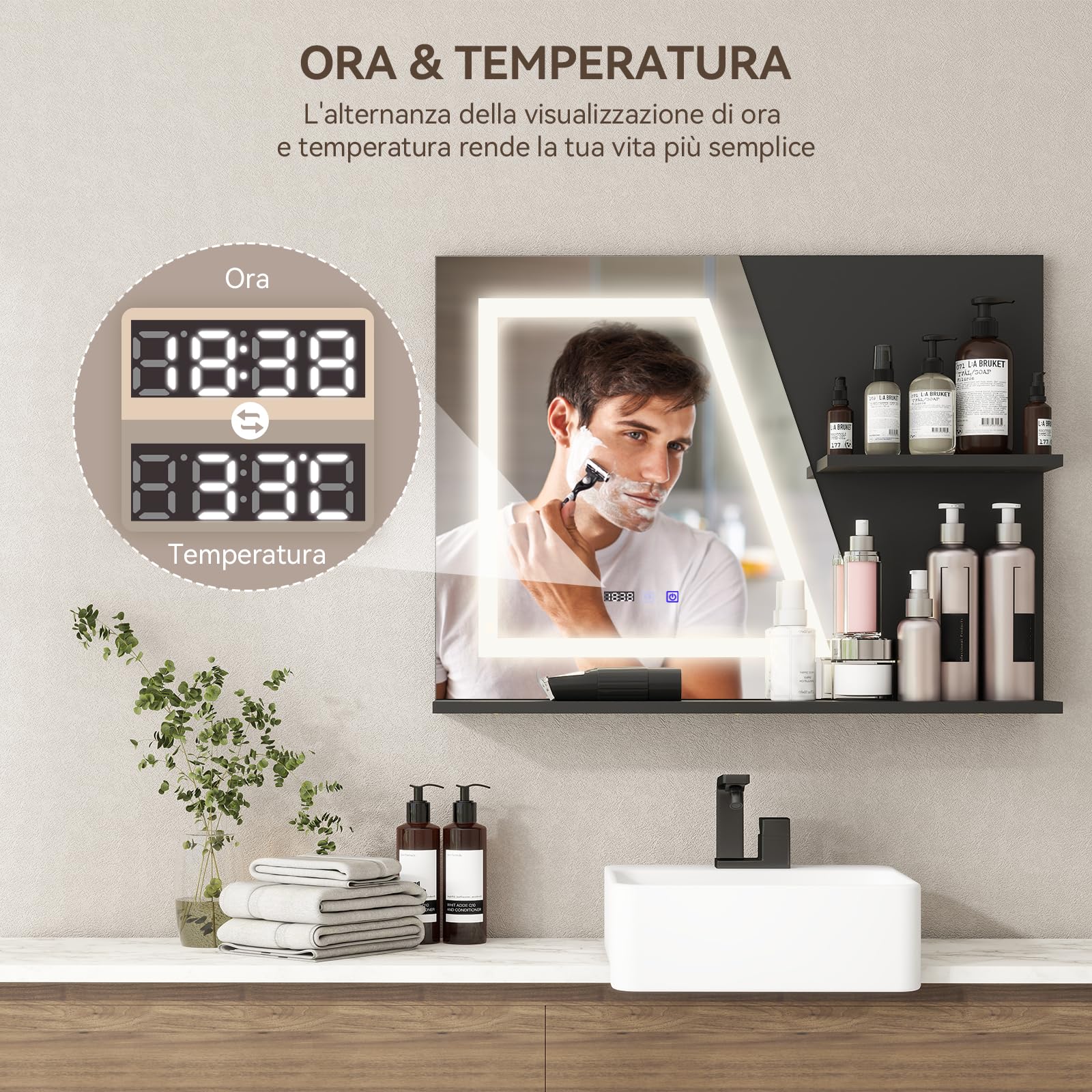 YU YUSING Specchio Bagno LED 80x60 cm con 2 Ripiani, Specchio da Parete con Led, 3 Colori, Luce Regolabili, Contro Touch, Display dell'Ora e Temperatura, Antiappannamento, IP44, Moderno, Nero