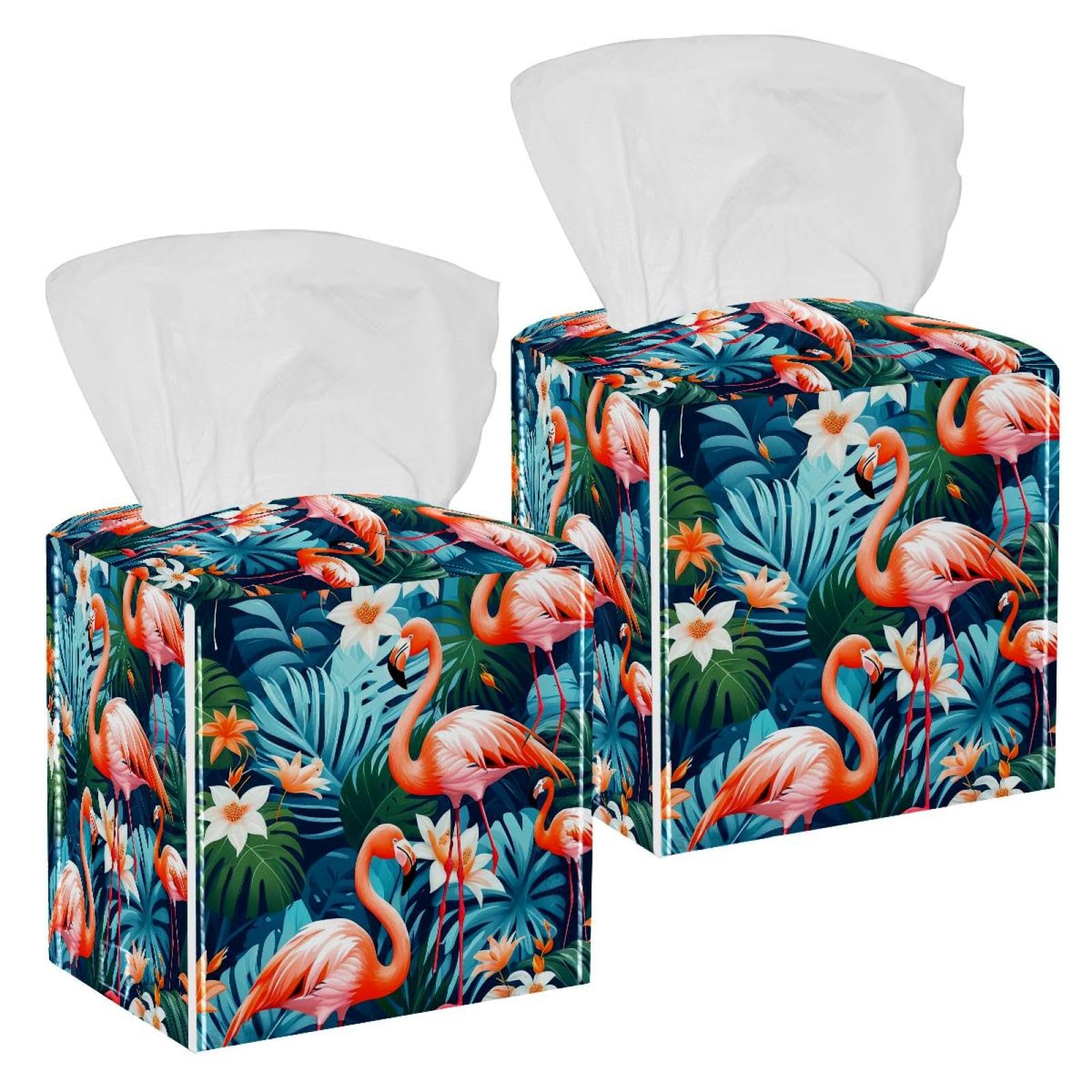 Flamingo Tissue Box Cover, 2 Pack PU Leather Square Facial Tissue Dispenser Box holder for Home Office Car