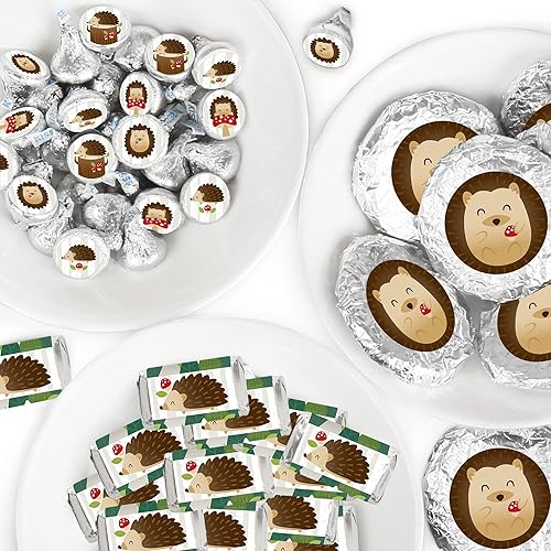 Big Dot of Happiness Forest Hedgehogs - Mini envoltorios de barra de caramelo, calcomanías redondas de caramelo y calcomanías circulares, kit de