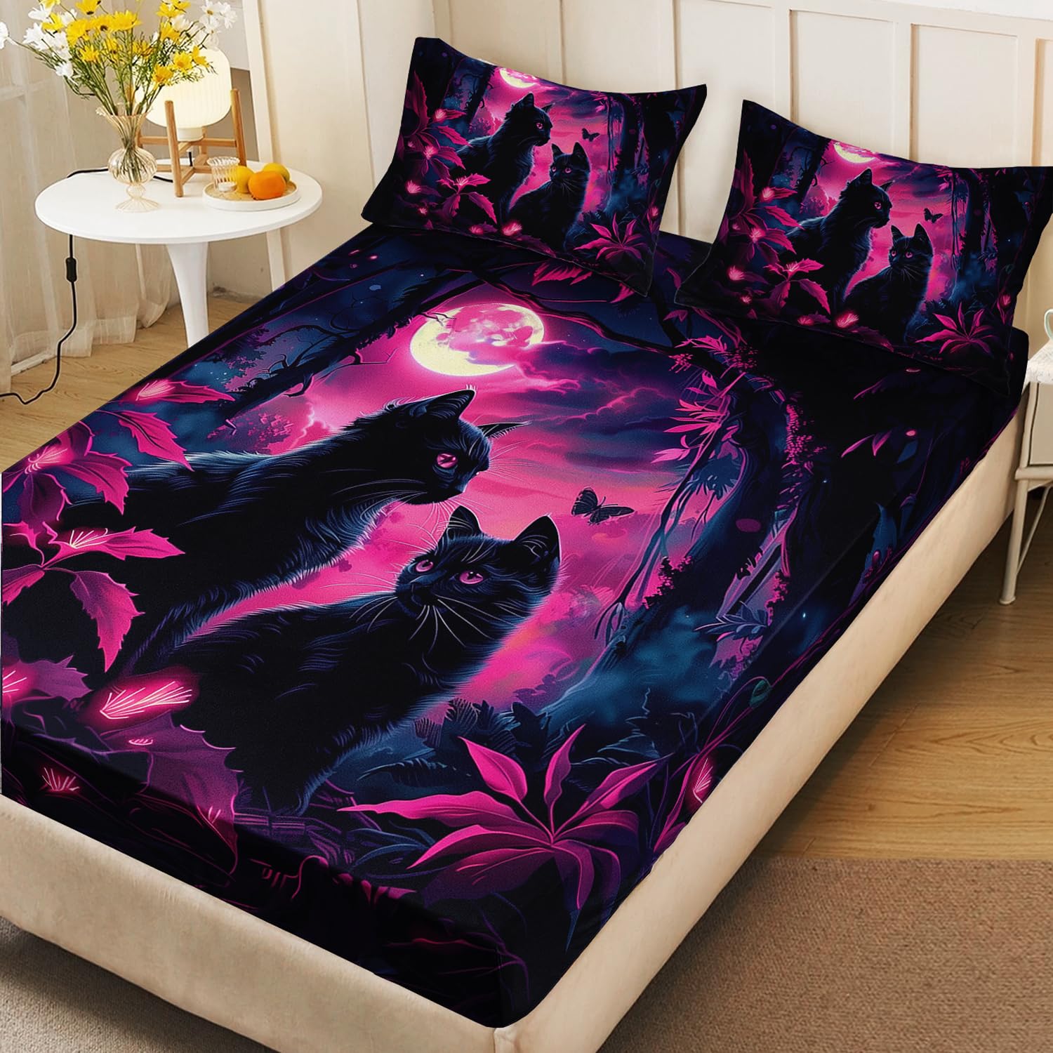 AILONEN Black Cat Fitted Sheet Set, Full Size, Cartoon Mother Son Kitten Bedding Set for Kids Boys Girls,Boho Style Moon Bed Sheet Set,3 Pieces, 1 Fitted Sheet and 2 Pillowcases