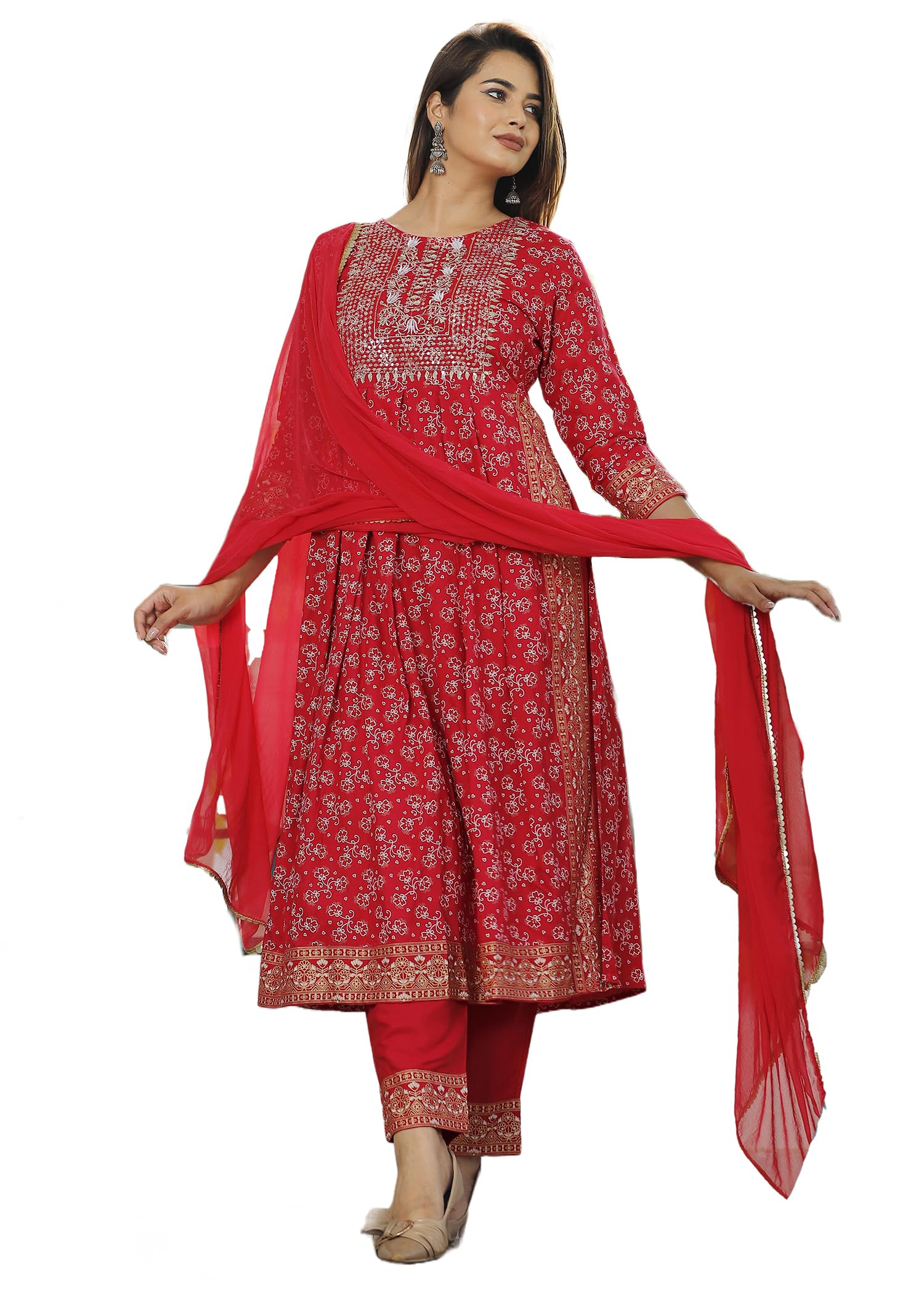 VeqreqmeqLadi Rayon Mirror Work Embroidered Women Kurti with Palazzo & Dupatta