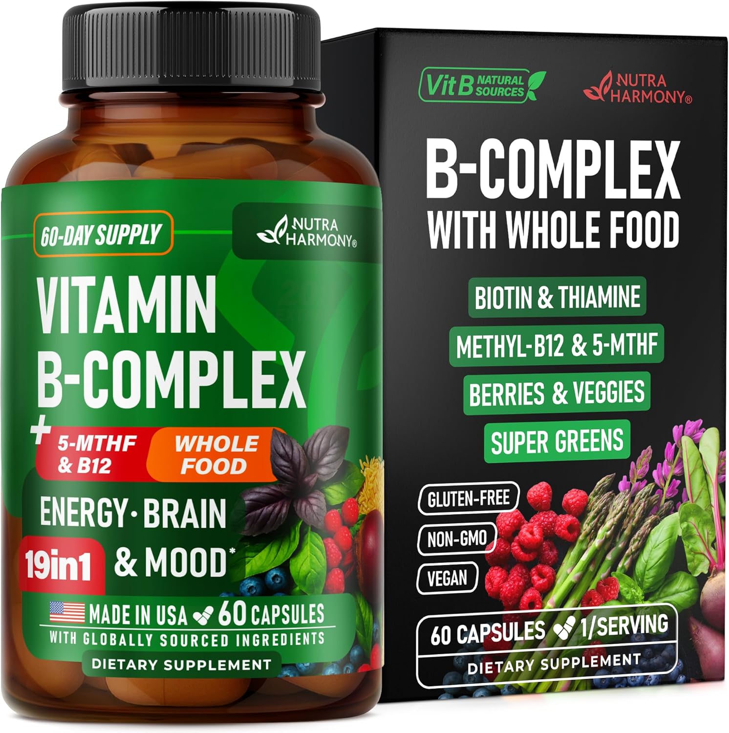 Vitamin B Complex – B1 | B2 | B3 | B5 | B6 | Biotin | B12 | 5-MTHF – Astragalus & Whole Food Blend – Energy, Metabolism & Brain – Vitamins B for Women & Men – Lab Tested – 60 Capsules, 60 Days Supply