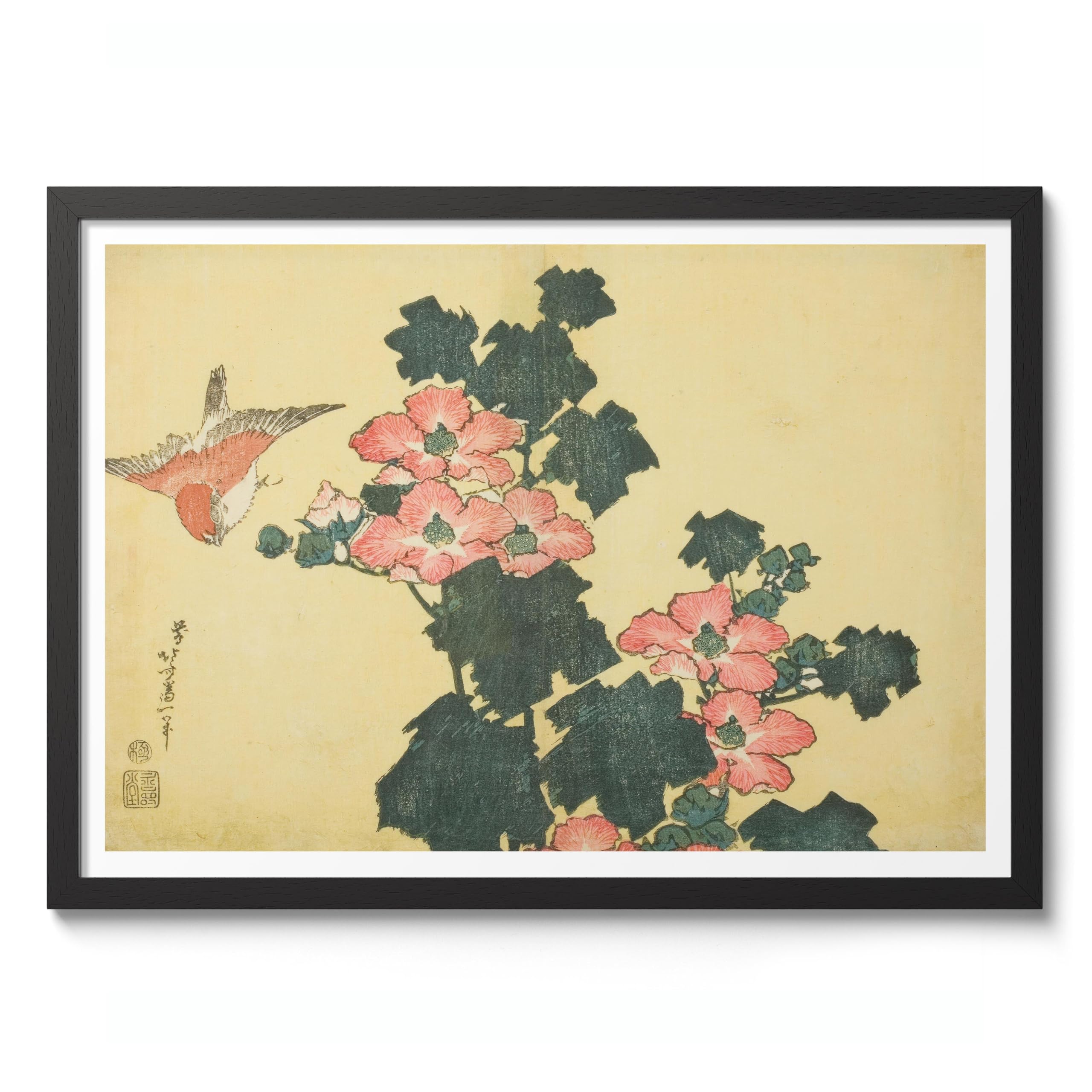 Hibiscus & Sparrow Katsushika Hokusai Poster, Japanese Woodblock Ukiyo-E Print, Vintage Art Picture Painting Wall Art Exhibition, Archival Matte, A1 (Black Frame) - 84.1x59.4cm