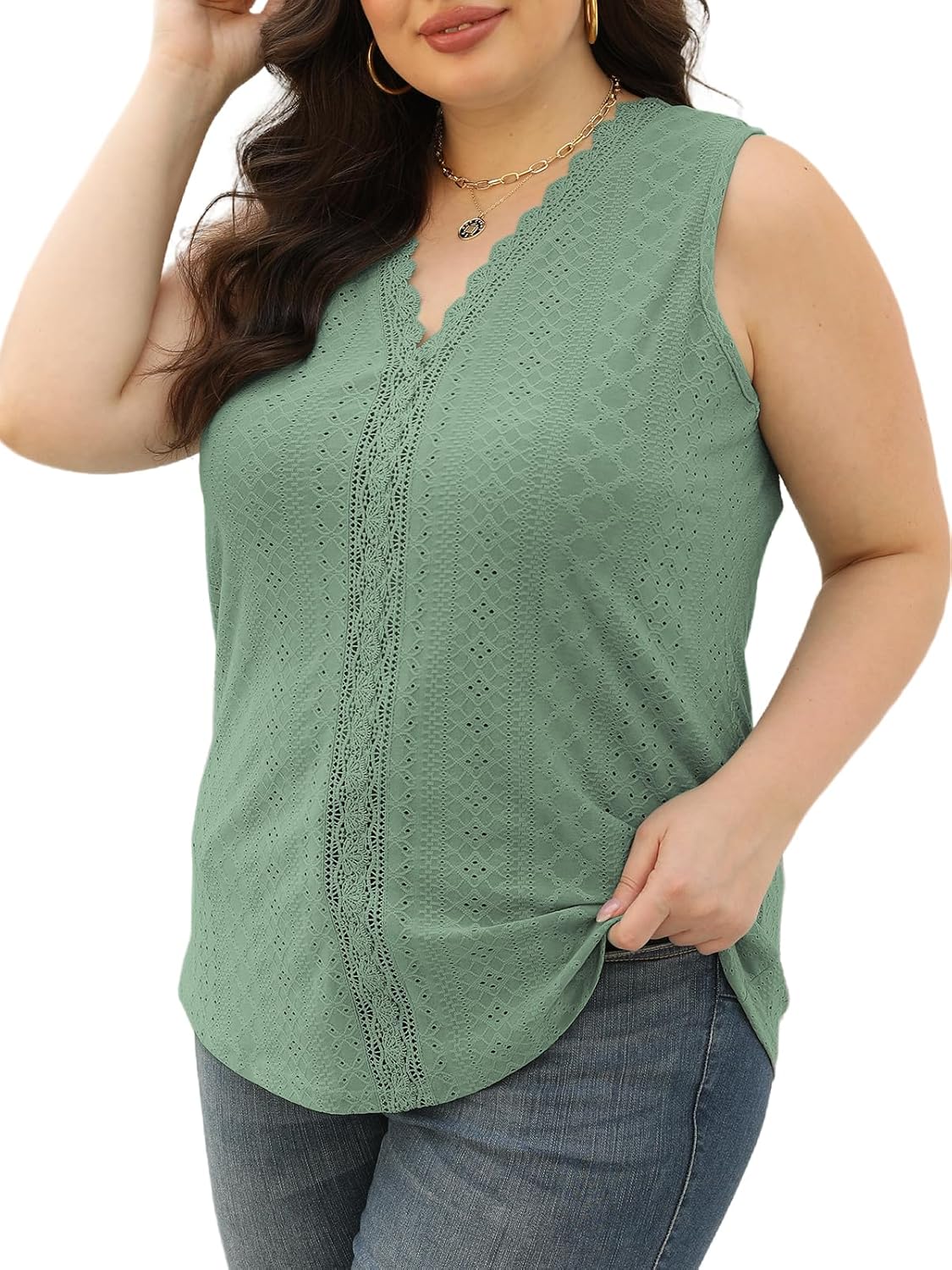 VISLILY Womens-Plus-Size-Summer-Tank-Tops Cute Lace V Neck T Shirts Casual Sleeveless Blouses Trendy Eyelet Tunics Tee - Image 3