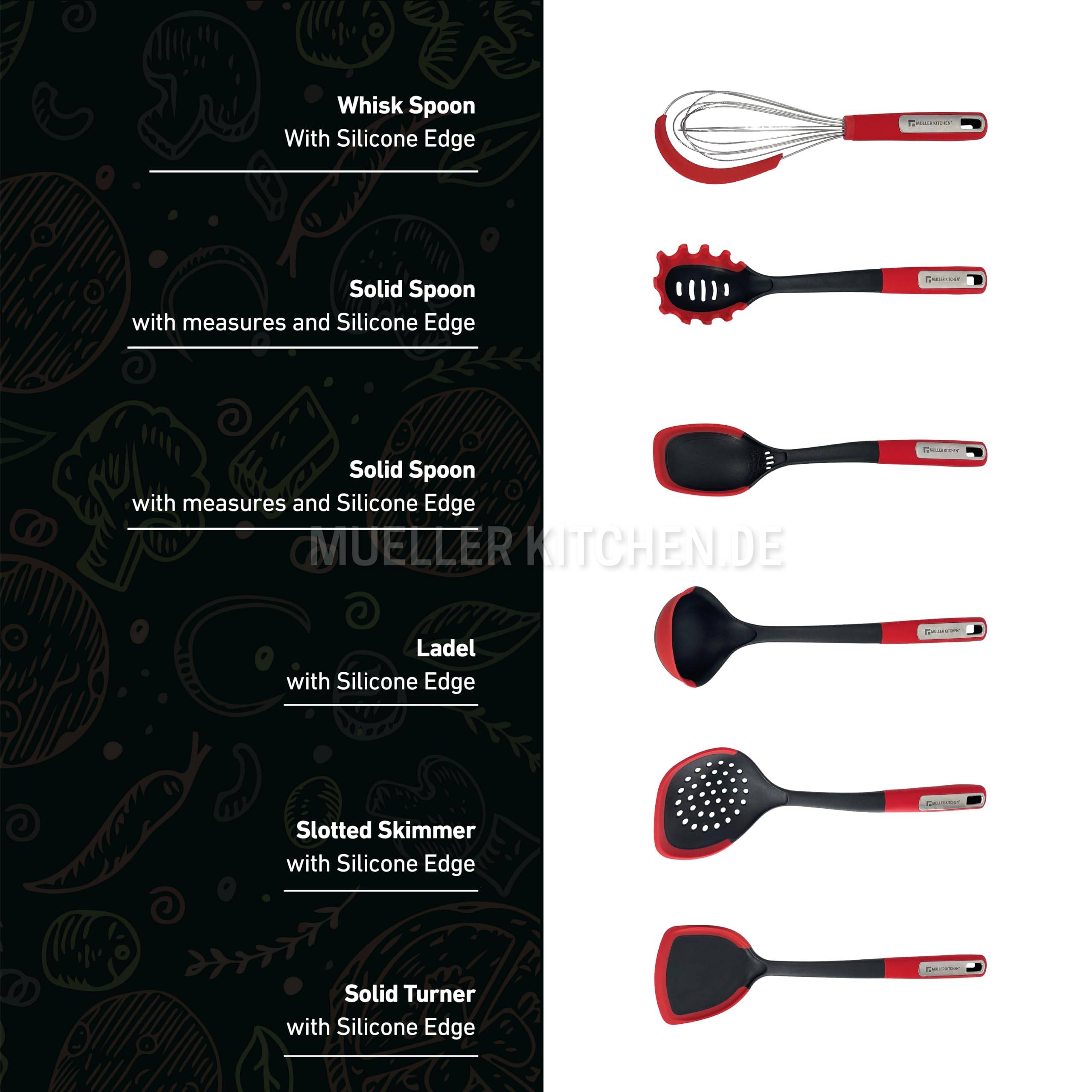Muller Kitchen MK-1611 7-teiliges Küchenhelfer-Set mit Silikonkanten, 360 Grad drehbarer Ständer, ergonomische Griffe aus Gummi und Edelstahl, für antihaftbeschichtetes Kochgeschirr