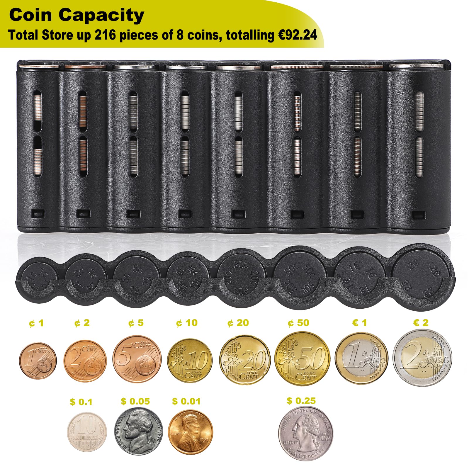 Porte-Monnaie Euro Sac de Rangement de Pièces avec Ceinture de Transport Noir
