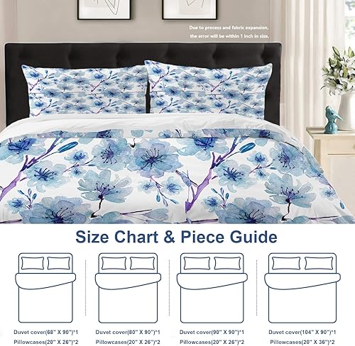 Miniatura 4 de Batmerry Juego de edredón de 3 piezas con diseño floral de acuarela de plantas azules, funda de edredón 100% algodón para todas las estaciones