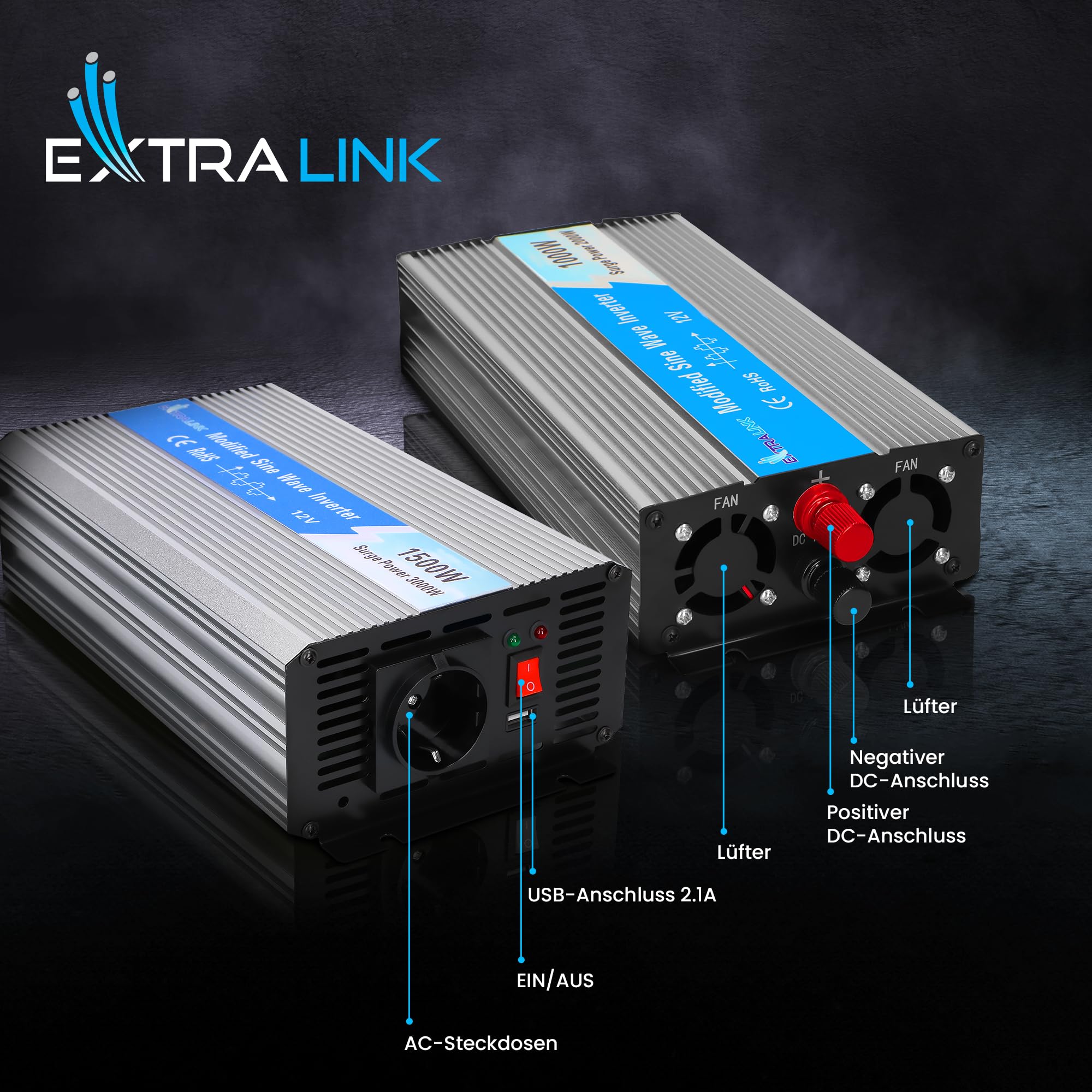 EXTRALINK Wechselrichter 12V auf 230V Modifizierter Sinsus 1500W 3000W Spitze – Spannungswandler mit USB, Lüfter & 4-Fach Schutz – für Auto, Wohnmobil, Boot, Camping, empfindliche Geräte, Solar