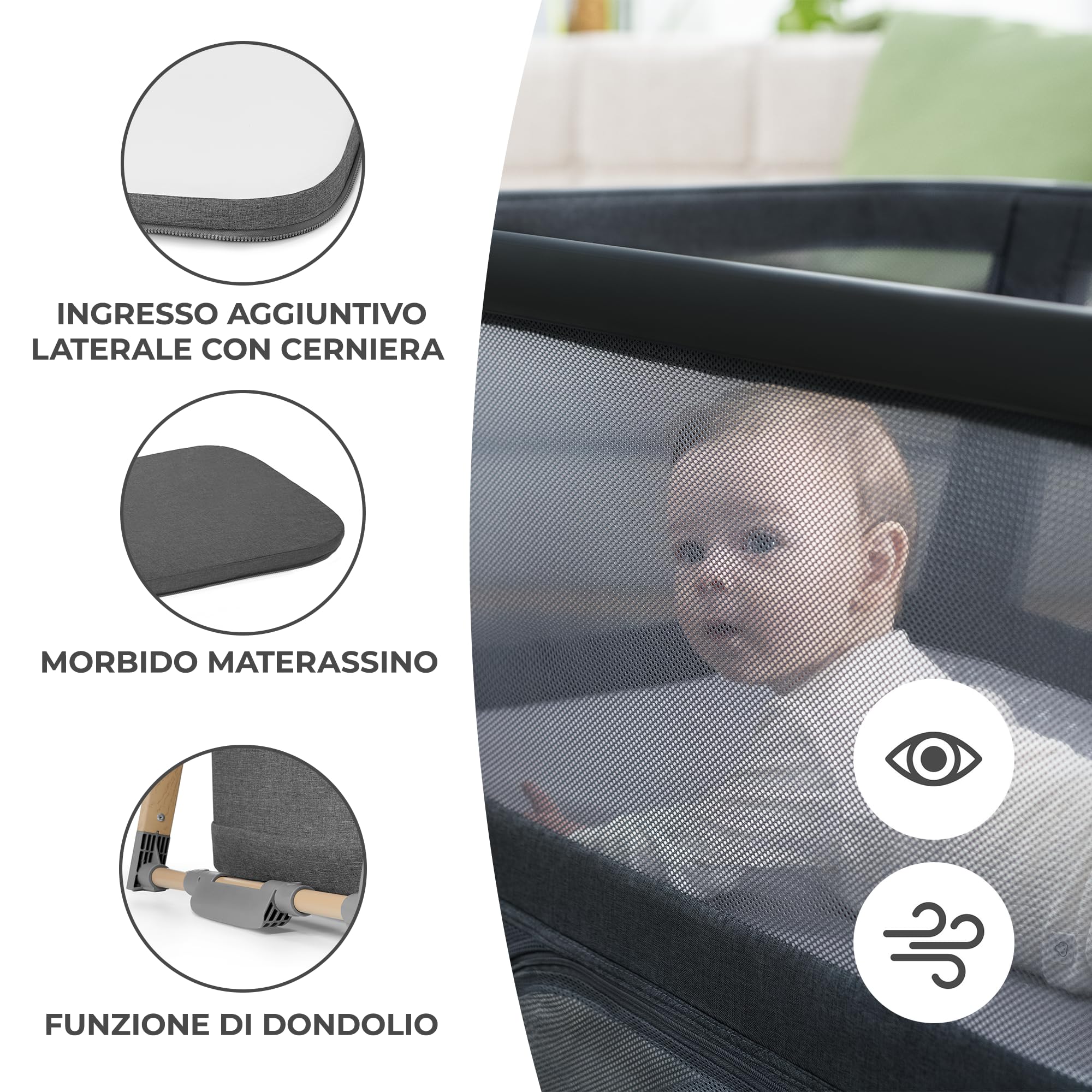 Kinderkraft Lettino Da Campeggio Sofi, Culla 4 In 1, Materasso Morbido, Per Bambini Da 0-15 Kg, Grigio, 107 X 63 X 71 Cm