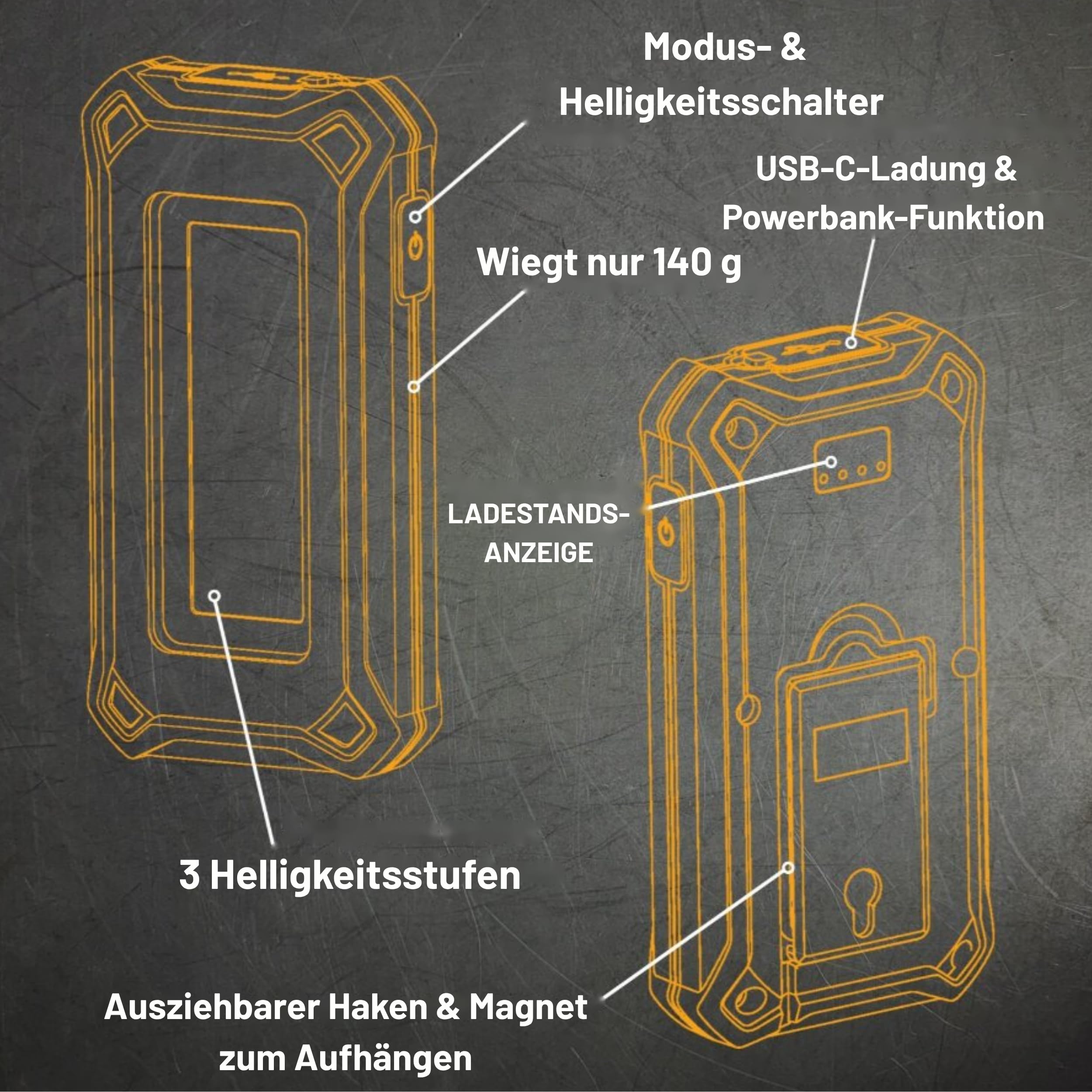 JCB Work Lights LED-Arbeitsleuchte 1000 Lumen, kompakte Werkstattlampe mit 3 Helligkeitsstufen, USB-C aufladbar, Magnet & Haken, IP54, nur 140 g, JCB-WL-PALM