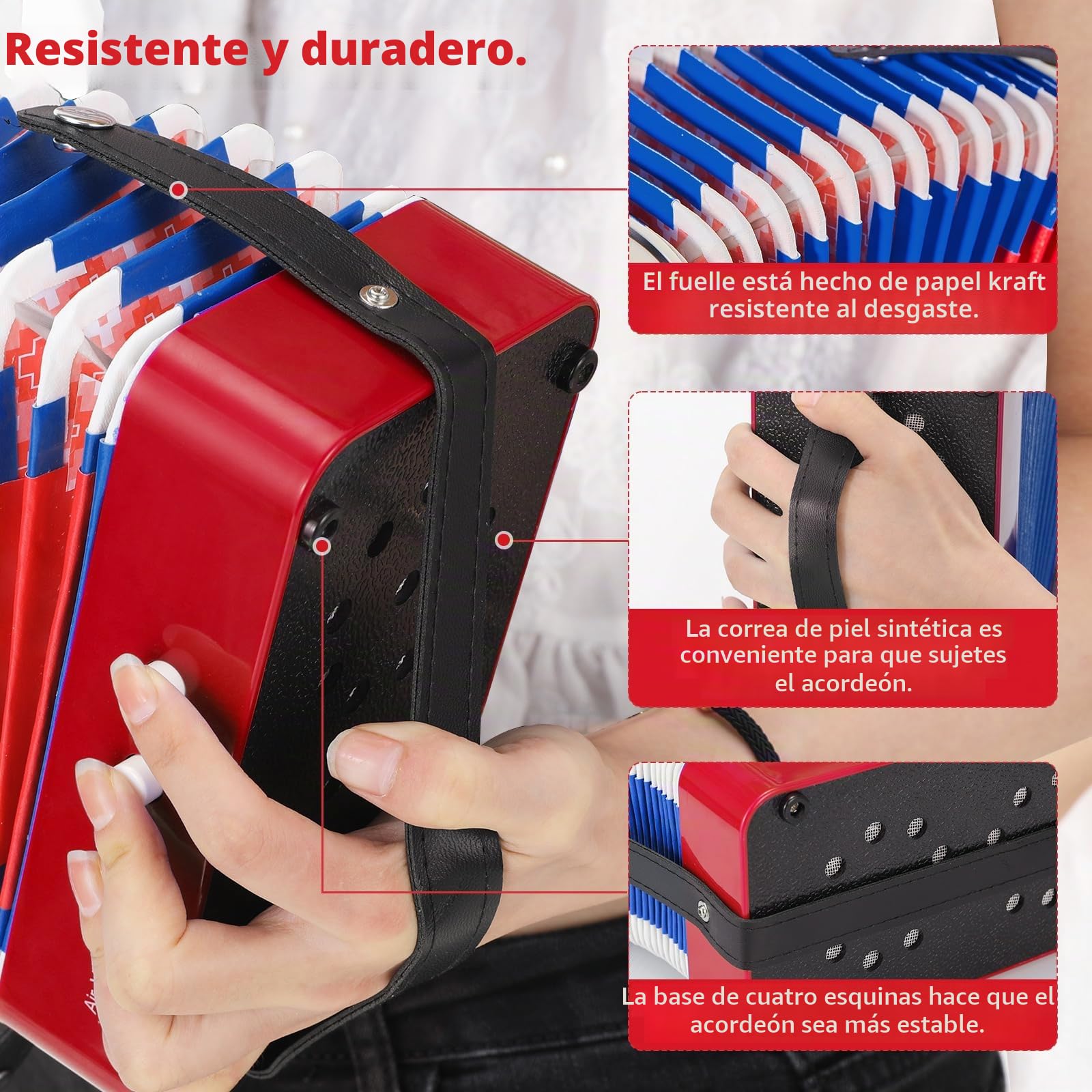 Acordeon Niño, Acordeón Infantil de 10 Teclas con Correas, Instrumento Musical de Acordeón Regalo para Principiantes, Instrumento Musical Acordeón para Niños de Más de 3 Años, Rojo
