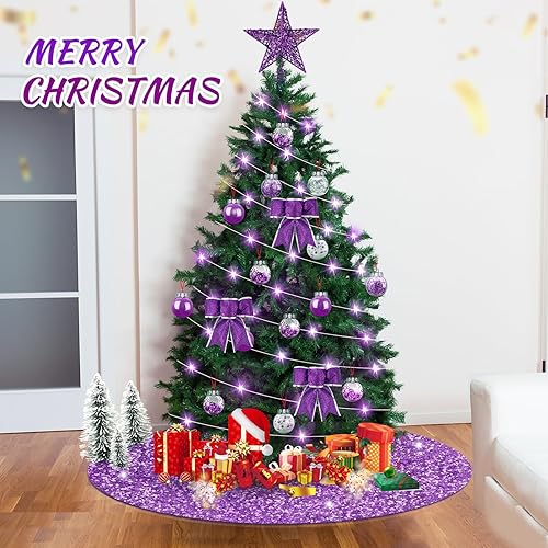 Miniatura 6 de Hiboom Juego de 48 piezas de decoraciones de árbol de Navidad morado, estrella de purpurina, topper de árbol con lentejuelas, falda de árbol de