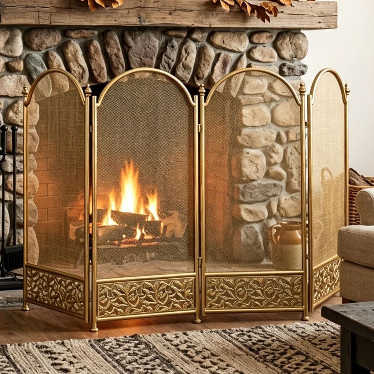 Parascintille per Camino 4 Pannelli, Robusto Parafuoco Autoportante | Protezione in Ferro Battuto, Rete Curva Antiscintille, Barriera Decorativa per Camino(Gold)