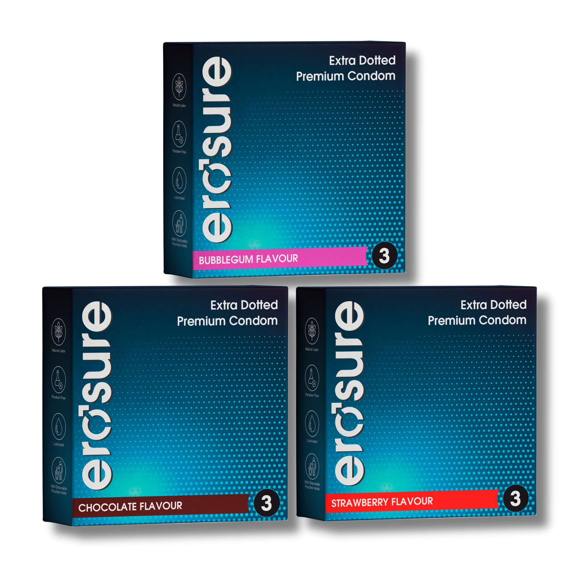 Erosure Extra Dotted Condoms | Strawberry, Chocolate & Bubblegum Flavored Variety Combo Pack | Made with Natural Latex | Lubricated | 3 count (Pack of 3) Total 9 Units