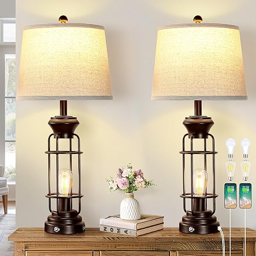 Juego de 2 lámparas de mesa de granja de 29.3 pulgadas para dormitorios, lámpara de mesita de noche con puerto de carga USB dual, lámpara de noche