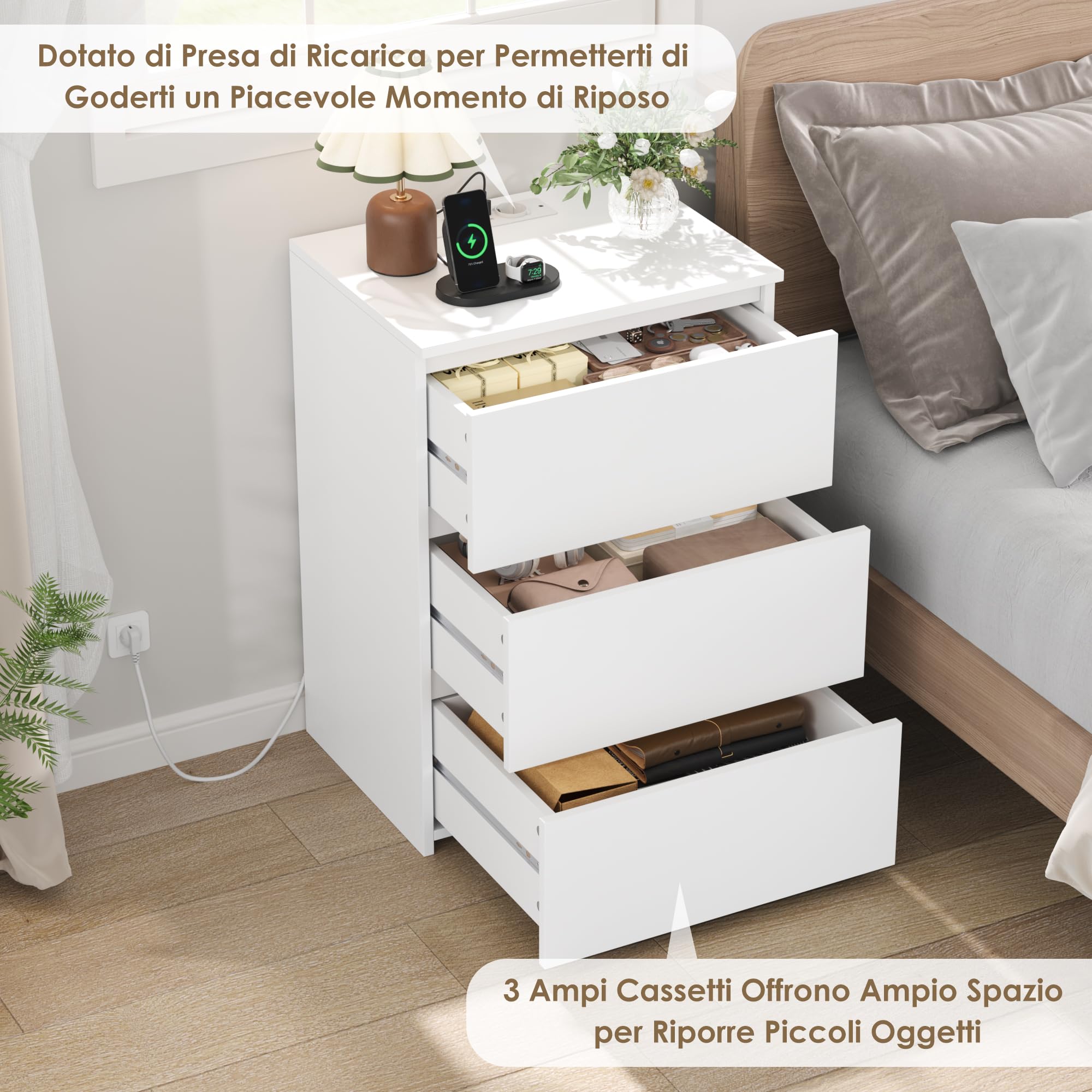 FirFurd Comodino con Ciabatta Elettrica, Comodino Camera da Letto con 3 Cassetti, con 2 Prese AC e 2 Porte USB, Cassettiera in Legno, per Soggiorno e Camera da Letto, Moderno, 45x38x66 cm (Bianco)
