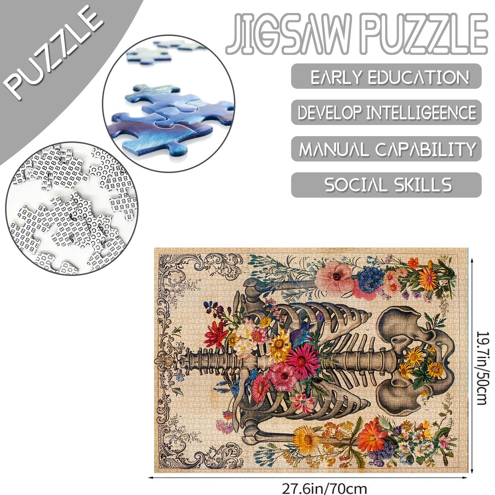 Rib Cage Skull Flower Jigsaw Puzzle Human Organ/Anatomy 1000 Pieces Puzzles Game Florals Jigsaw Puzzles for Adults Home Decor DIY Craft Puzzle Gift for Friends and Family - Image 2
