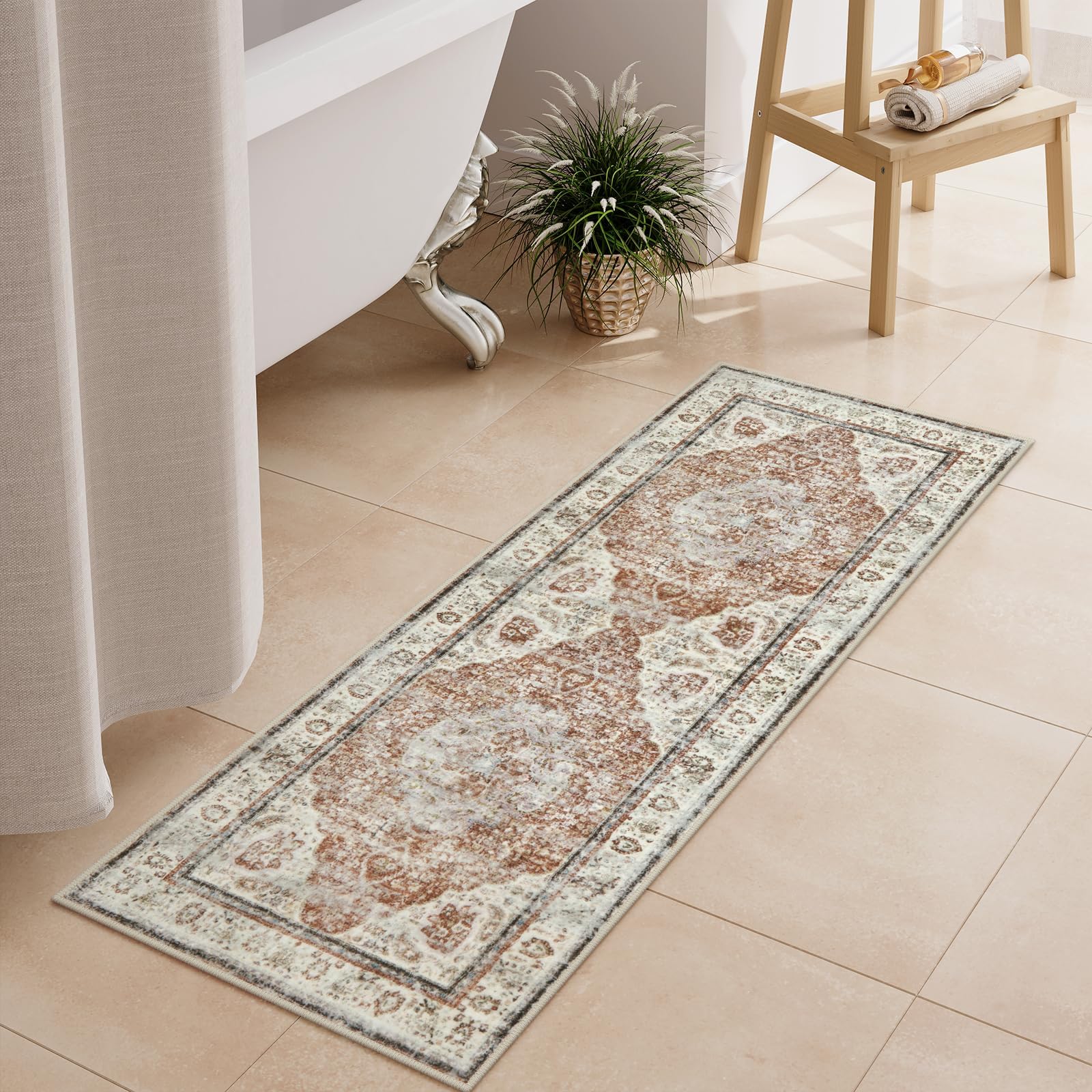 Uphome Orange Bathroom Rugs, Distressed Farmhouse Boho Bath Mat, Non Slip Washable Soft Velvet Bath Mats for Bathroom Floor, Vintage Traditonal Bath Runner for Bathtub Sink Shower, 18x47 inch