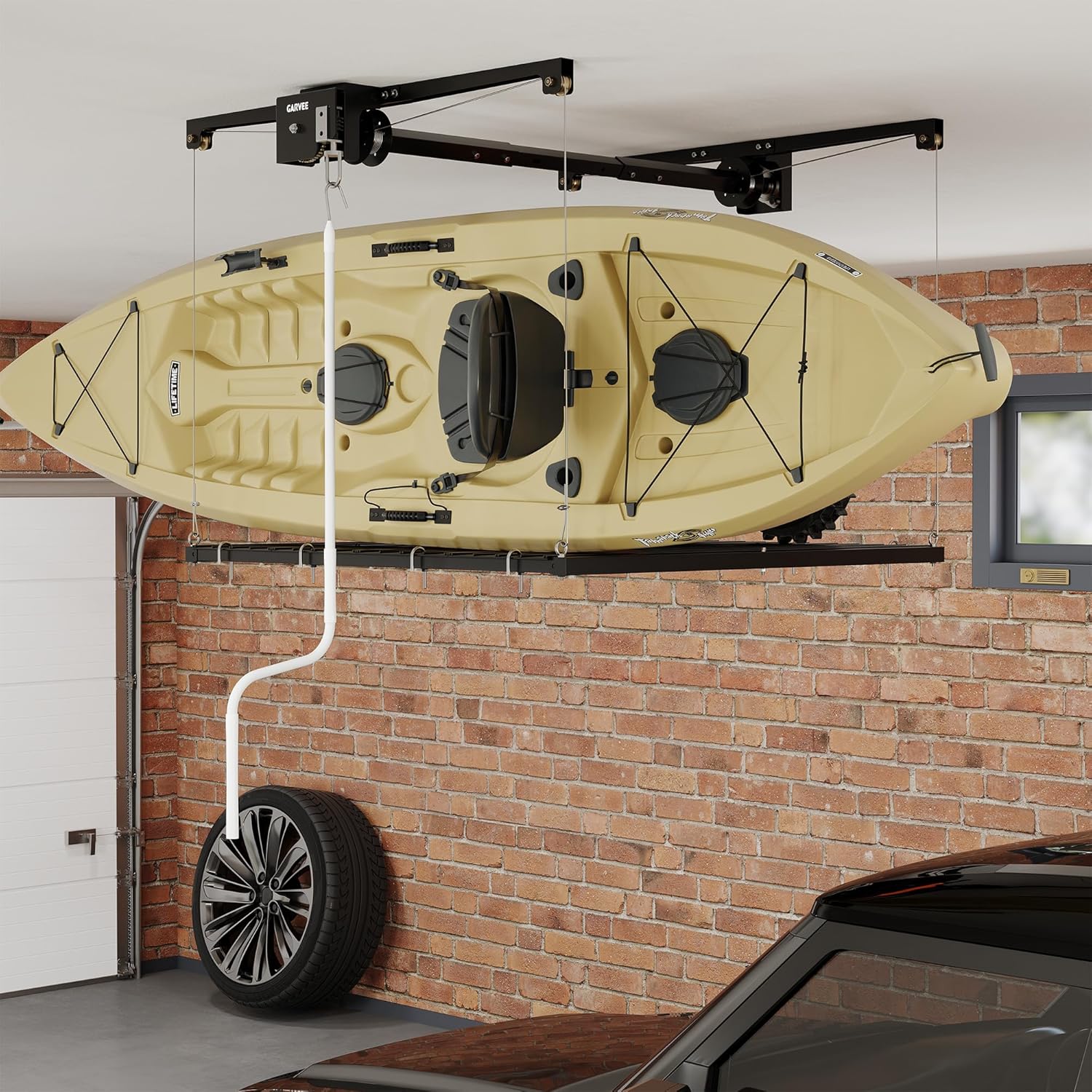 GarveeHome Heavy Duty Overhead Garage Storage Rack Lift – 4x4 ft, 350 lbs Capacity, Hand Crank Adjustable Ceiling Organizer, Max 79 in Height, Matte Black Finish