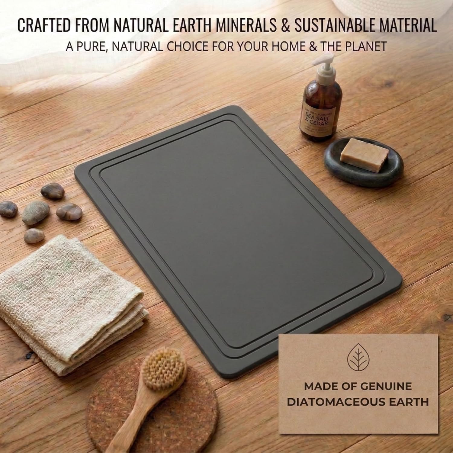 Stone Bath Mat – Diatomaceous Earth Quick Drying Non-Slip Bathroom Mat – Super Absorbent Diatomite Shower Mat, Durable & Easy to Clean, Modern, 23.6" x 15.3", (Slate Grey - Linea)