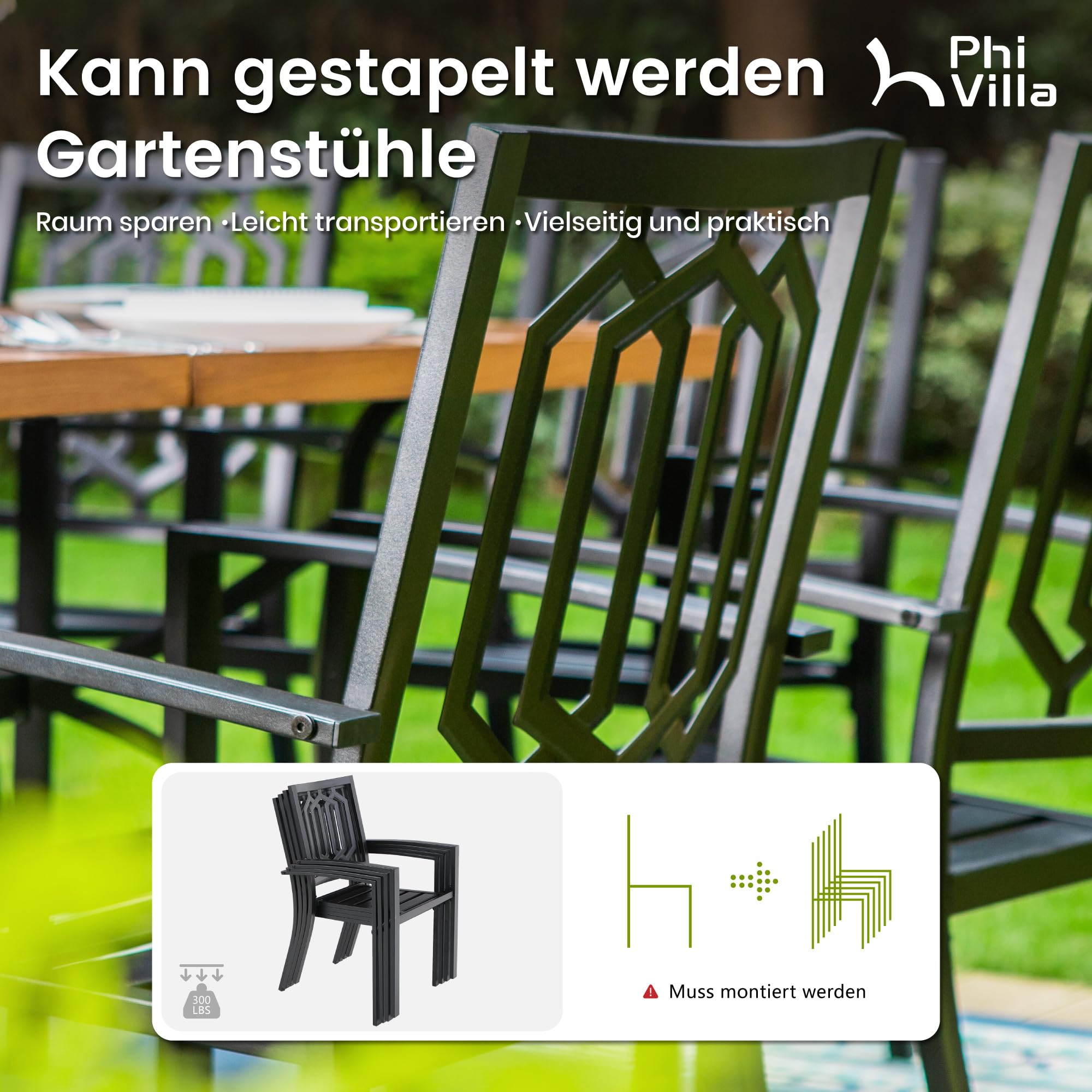 PHI VILLA Gartenmöbel 6 stühle mit Tisch Set Wetterfest Gartengarnitur Set 6 Personen mit Stapelbare Stühle und Rechteckig Esstisch mit 4cm Schirmloch Terrassen Outdoor Bistro Möbel Sets Metall