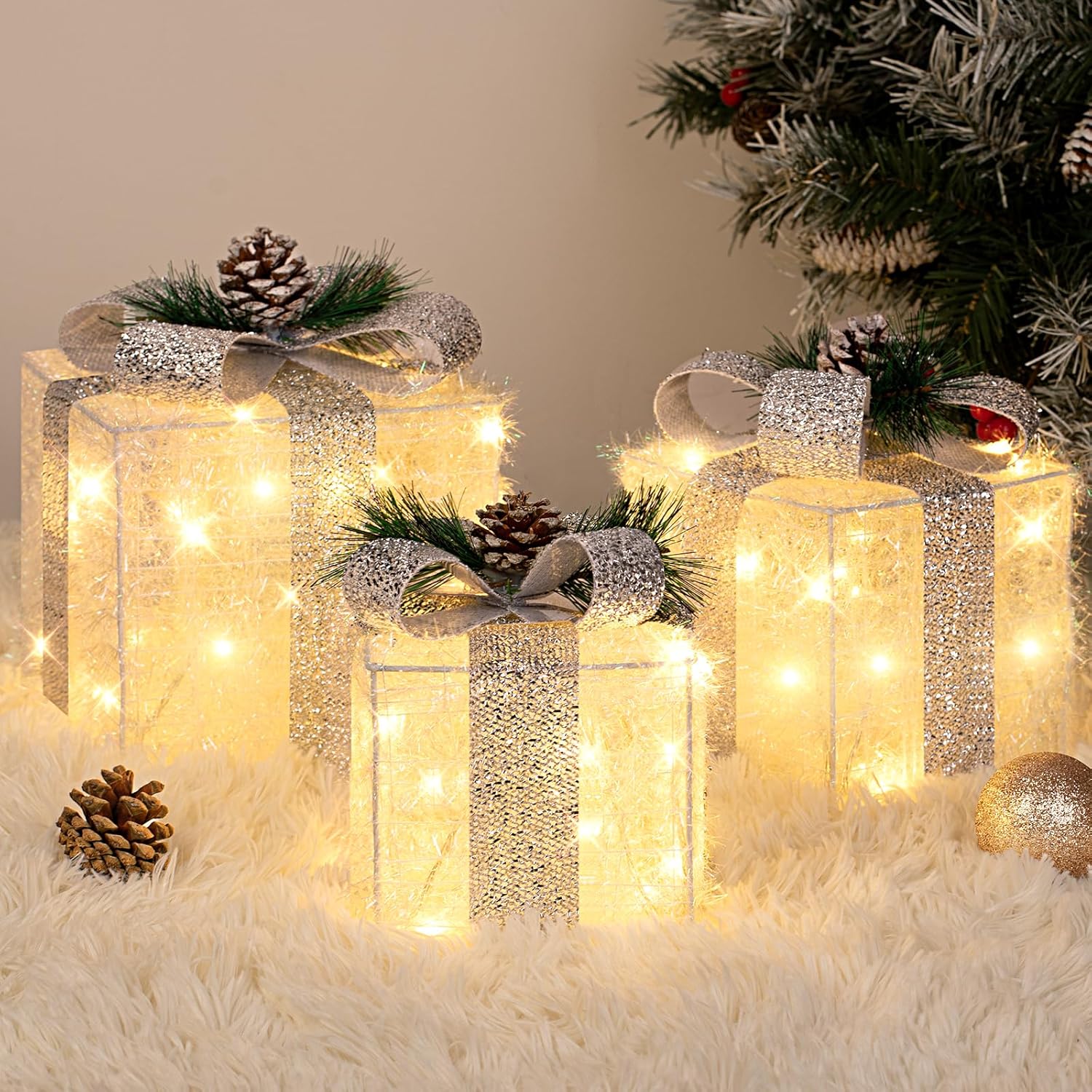 Set of 3 Christmas Lighted Gift Boxes with Plug, Indoor Outdoor Christmas Decorations with 60 LED Warm White Mini String Lights, Present Boxes with Silver Tinsel for Xmas Tree Porch Decor Set of 3 Christmas Lighted Gift Boxes with Plug, Indoor Outdoor Christmas Decorations with 60 LED Warm White Mini String Lights, Present Boxes with Silver Tinsel for Xmas Tree Porch Decor