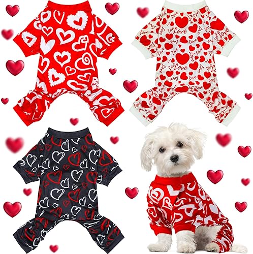 Miniatura 6 de Pijama de 3 piezas para el día de San Valentín, overol para perro, disfraz de cumpleaños de perro, ropa de perro con patrón de corazón, ropa de