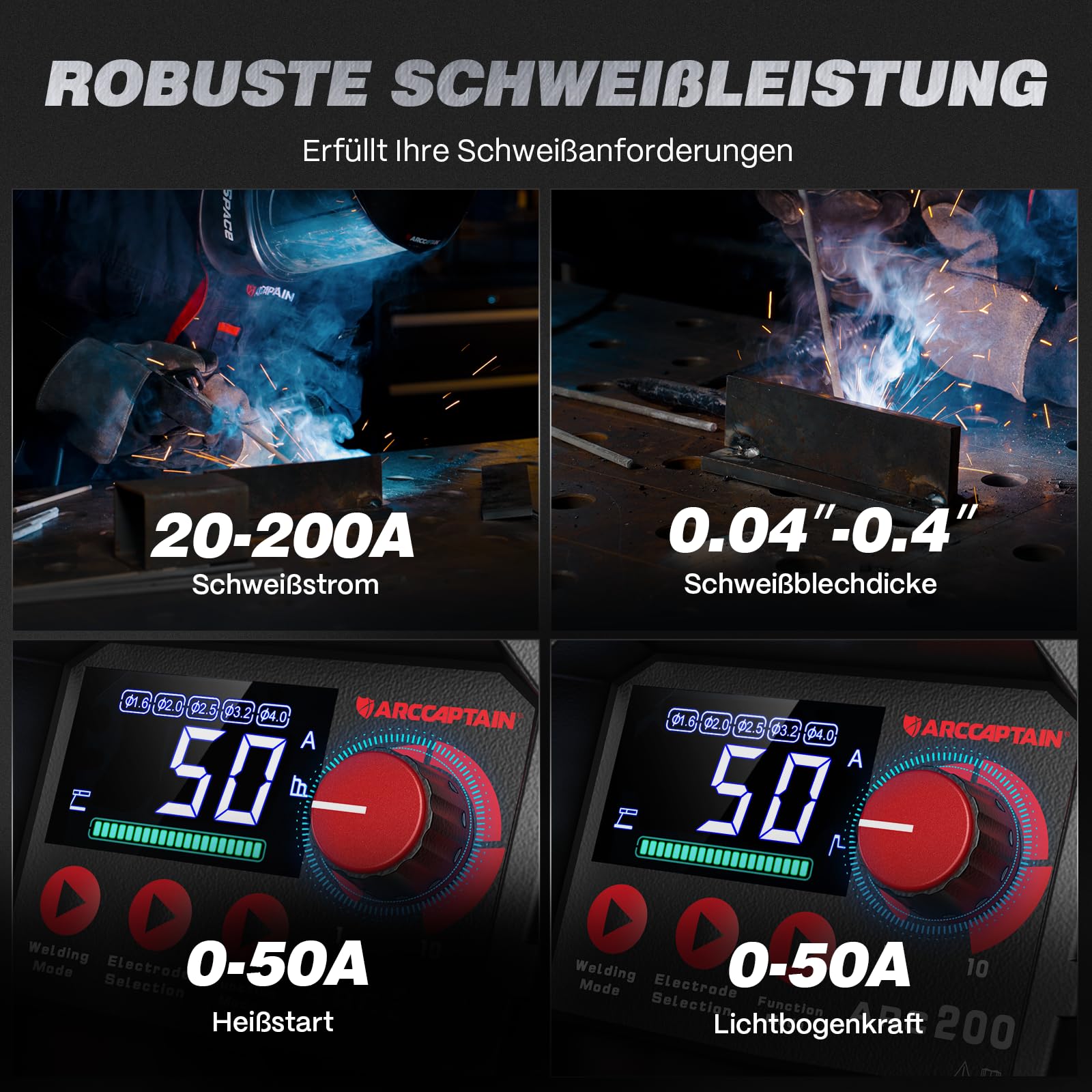ARCCAPTAIN Schweißgerät ARC 200A mit LED-Anzeige SYN Steuerung, Elektroden Schweißgerät Stützen mit Lift TIG, Inverter Schweißgerät MMA IGBT, Tragbar und kompakt, Anti-Stick, Überhitzungsschutz