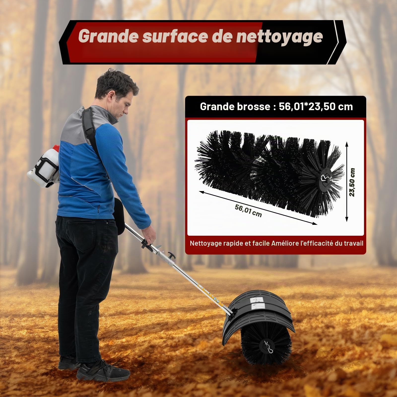 Balayeuse à essence 52CC 2.3HP Brosse à moteur à essence, balai à moteur manuel de 1,8M pour le nettoyage de gazon, feuilles, gazon artificiel, herbe et gravier