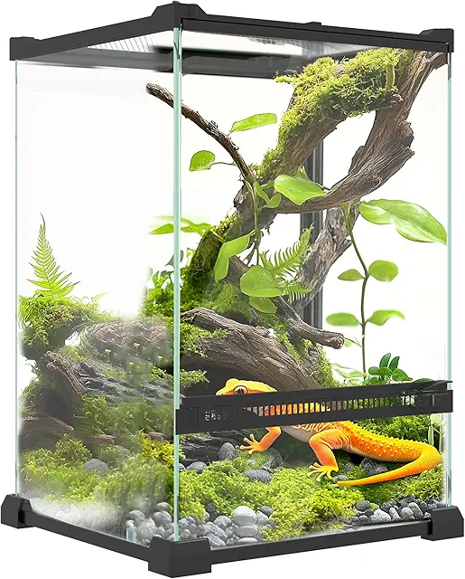 Vivarium Reptile Glass Terrarium 12L Reptile Box Reptile Breeding Box with Wire Mesh Lid, for Frogs, Snakes, Turtles, 20 x 20 x 30 cm, Black