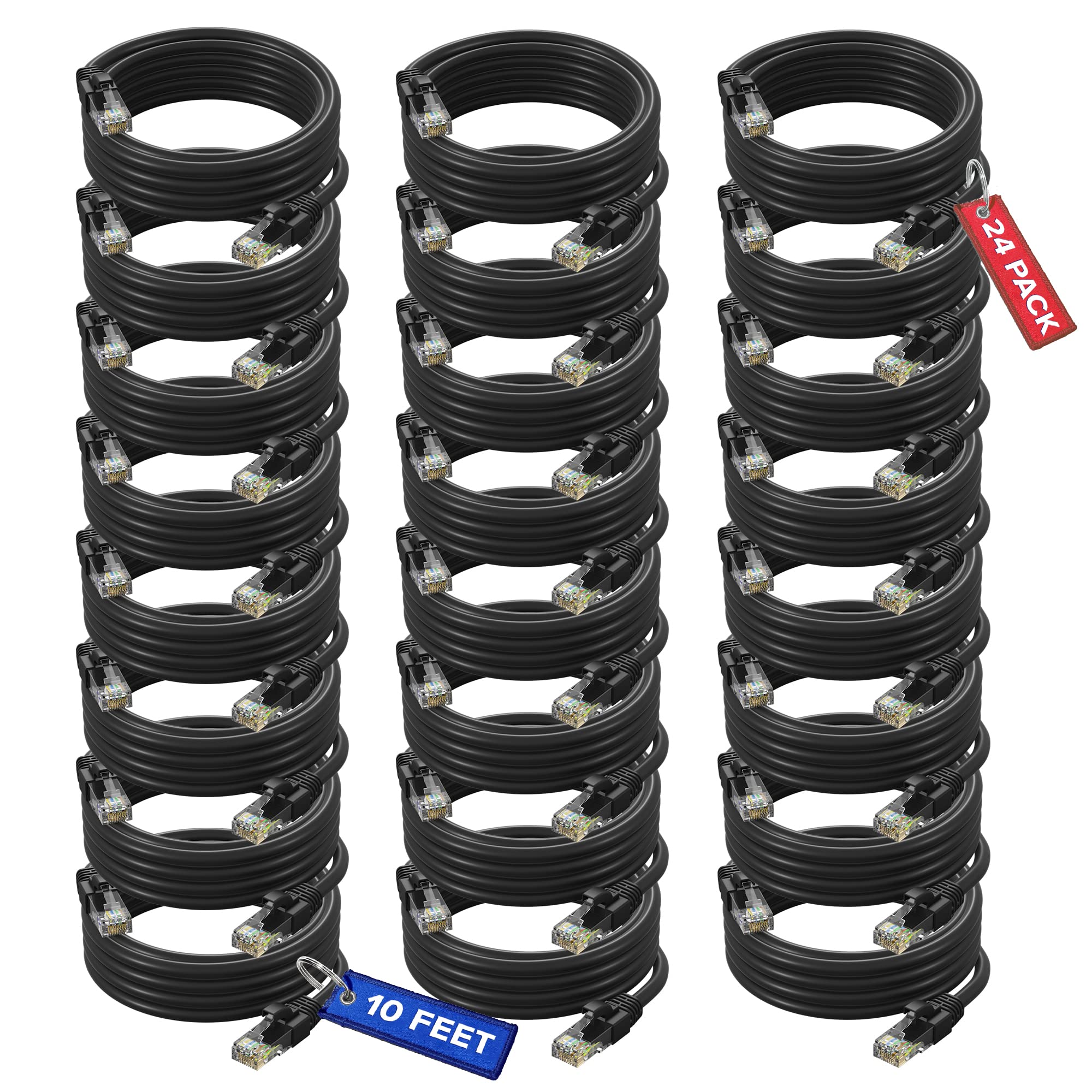 Maximm Cat 6 Ethernet Cable 10 ft (24-Pack) - High-Speed LAN Cable, Internet Cable, Patch Cable, and Network Cable - UTP, 10Gbps, 550MHz Ethernet Cord - Black