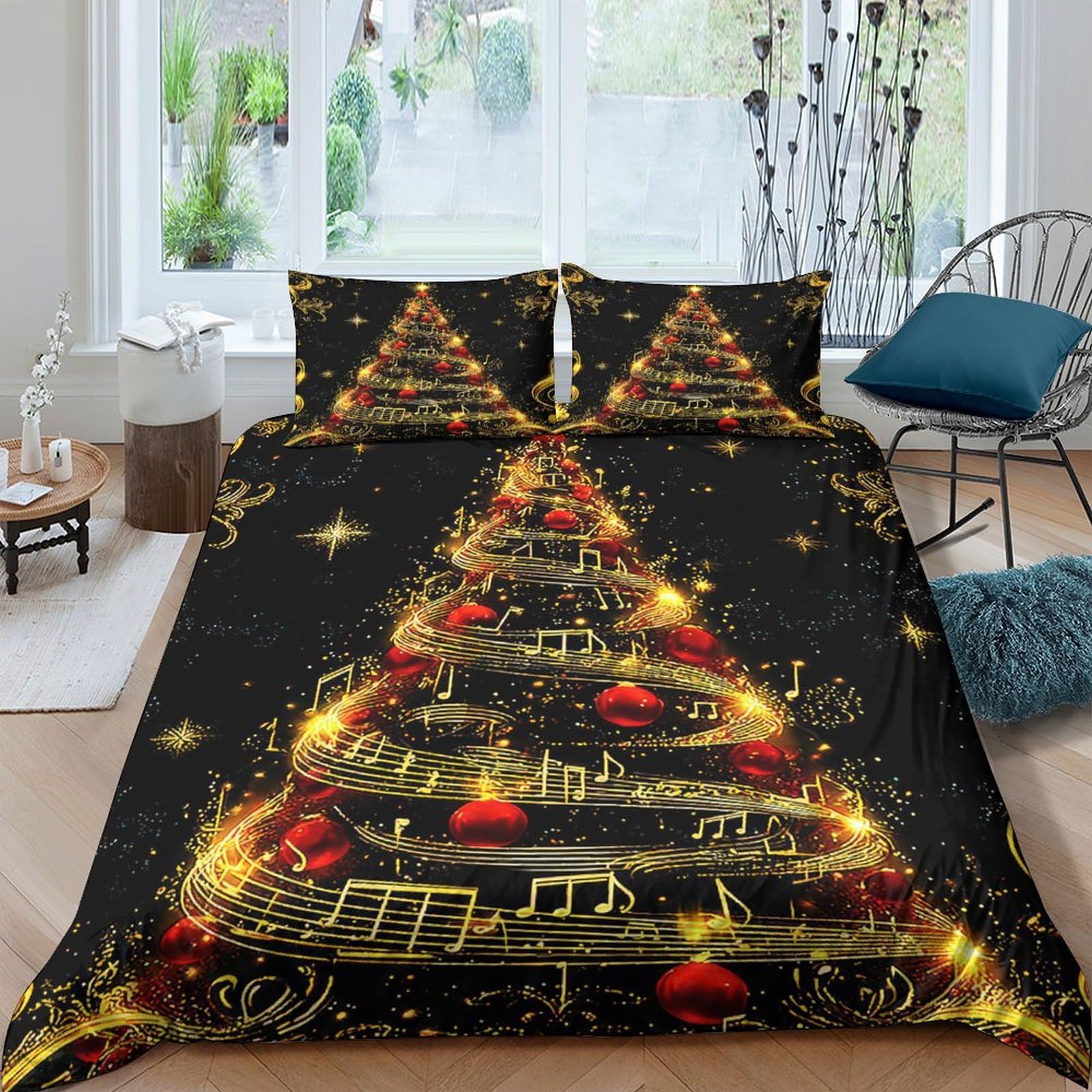 Ctjqhvkz Style-7 3D Printed Christmas Tree Fitted Sheet Microfiber Black Gold Xmas Lights Bed Cover For Bedroom Guest Room Decor Single（135X200cm）