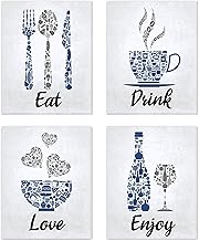 Blue Navy Cobalt Grey White Mosaic Vintage Inspirational Kitchen Restaurant Cafe Bar Wall Art Decorations Eat Drink Love Wine Coffee Hearts Prints Posters Signs Sets Rustic Farmhouse Country Home Dining Room House Decor Sayings Quotes Unframed